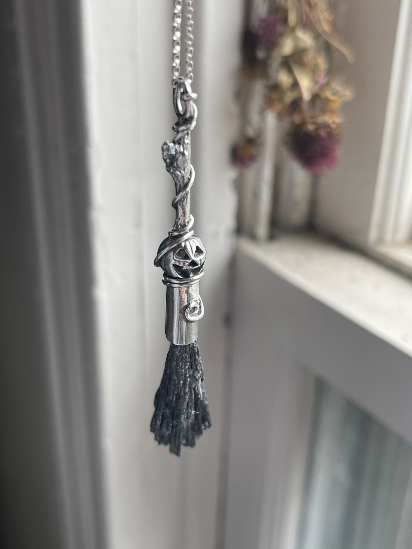 Classic Pumpkin Autumn Witch Crystal Broom Pendant