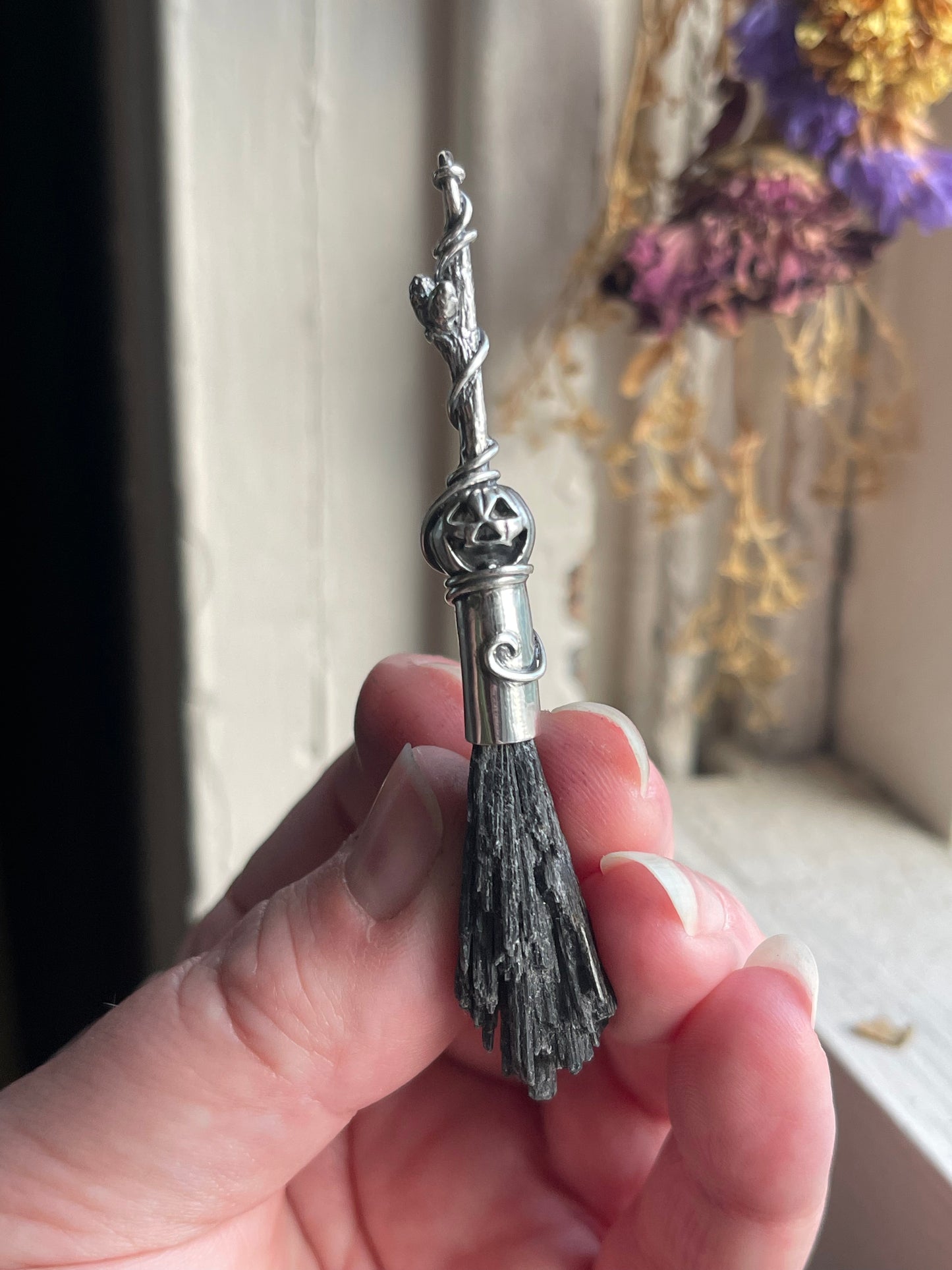 Classic Pumpkin Autumn Witch Crystal Broom Pendant