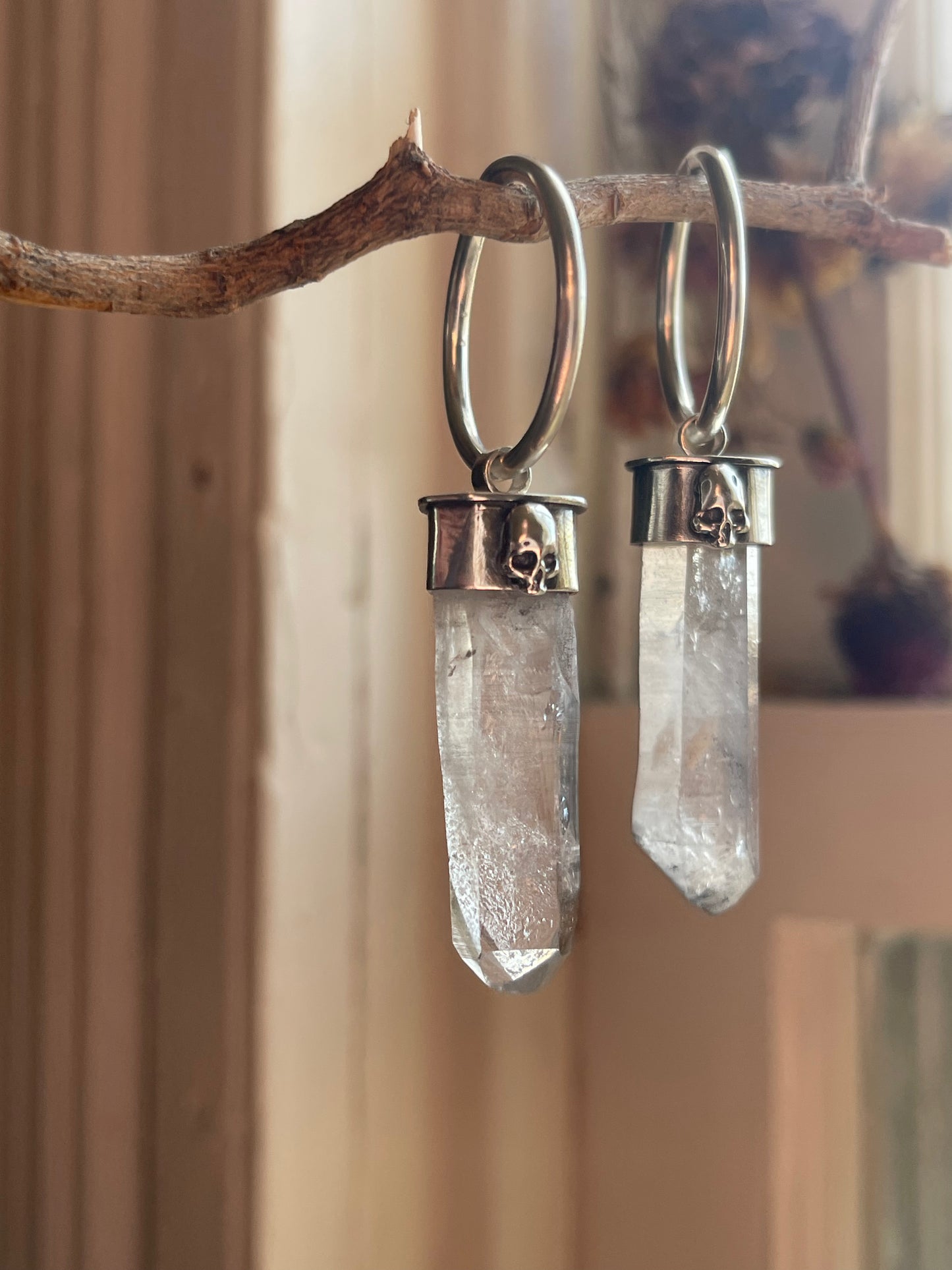 Gauged Tibetan Quartz Skull Ear Hanger Hoops