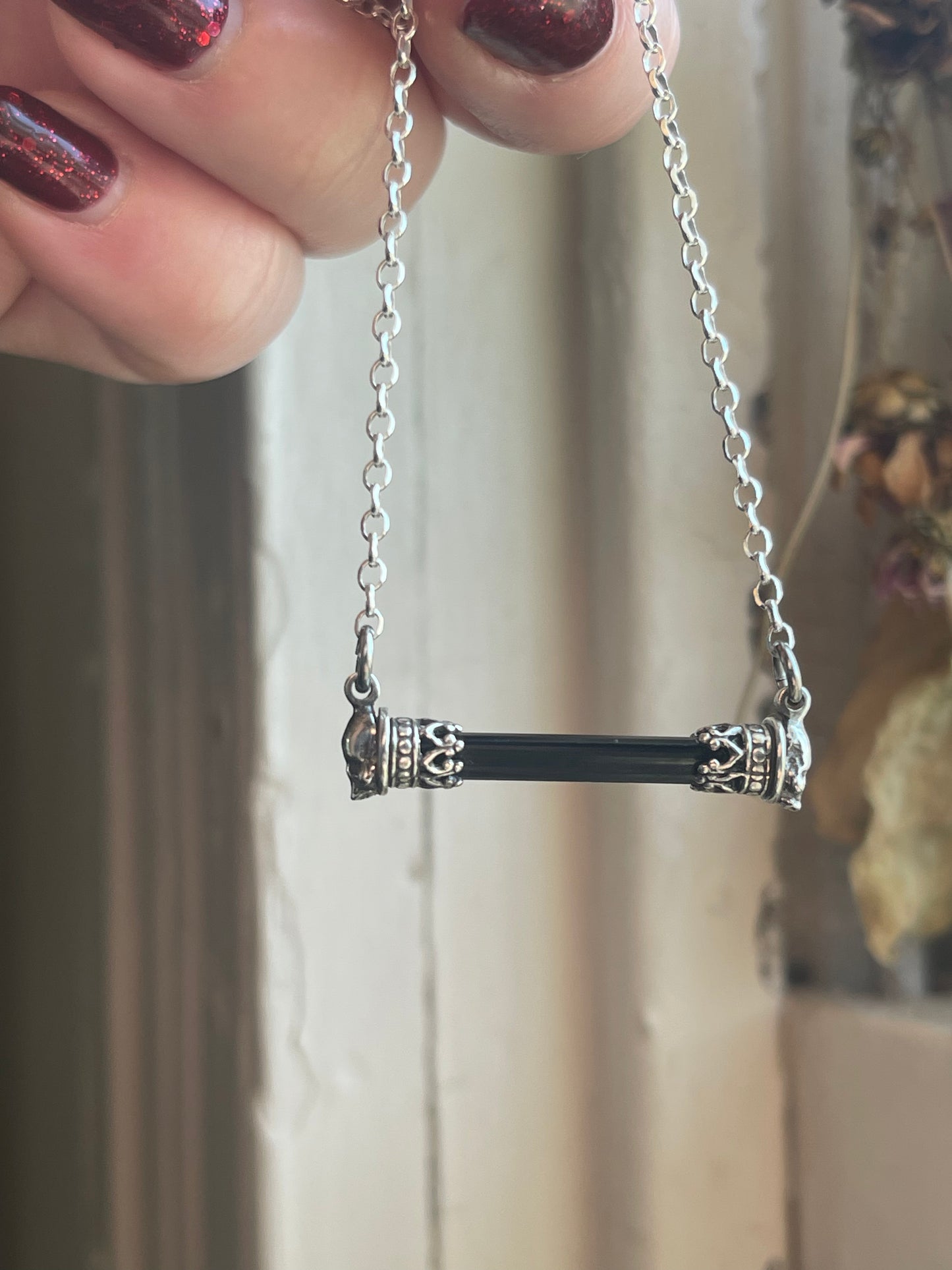Black Tourmaline Crystal Gothic Skull Bar Necklace