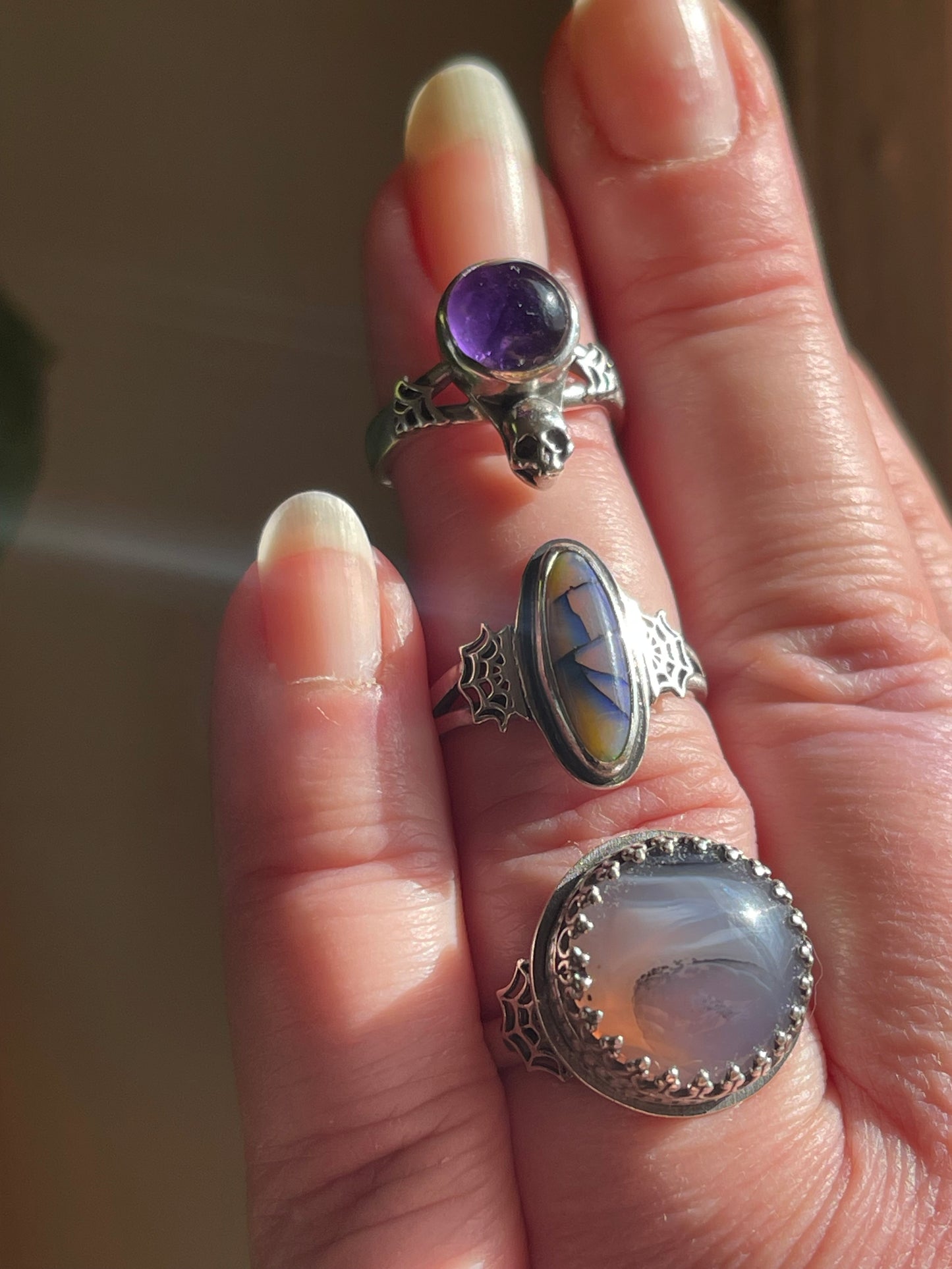 Elvira • Glowing Amethyst Spiderweb Skull Ring Size 5