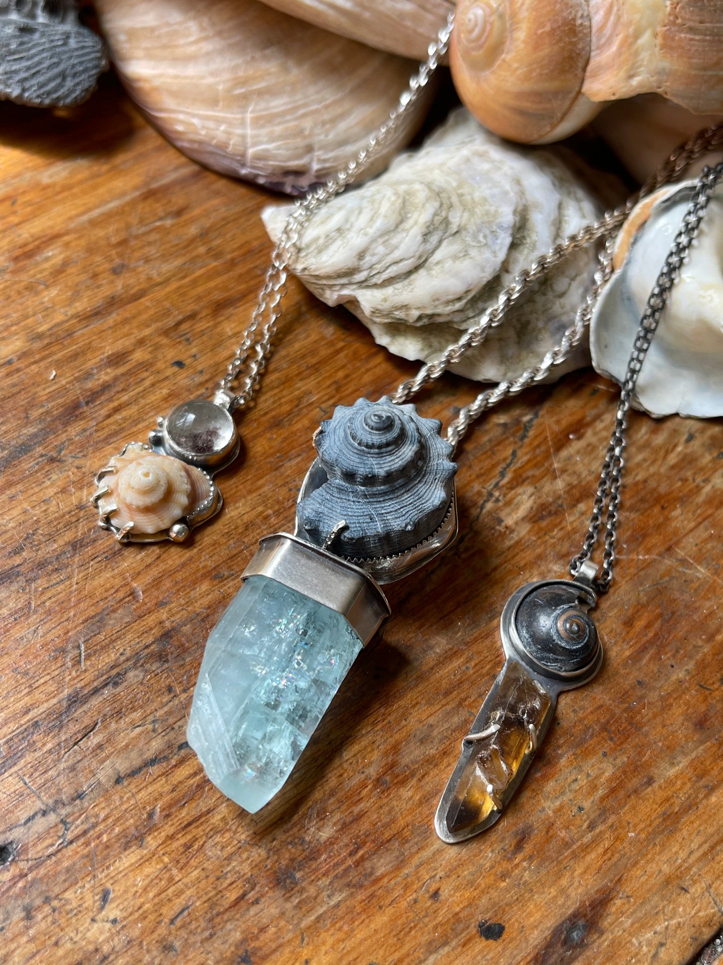 *The Azure Empress • Aquamarine crystal Black Seashell PENDANT ONLY • Sterling Silver