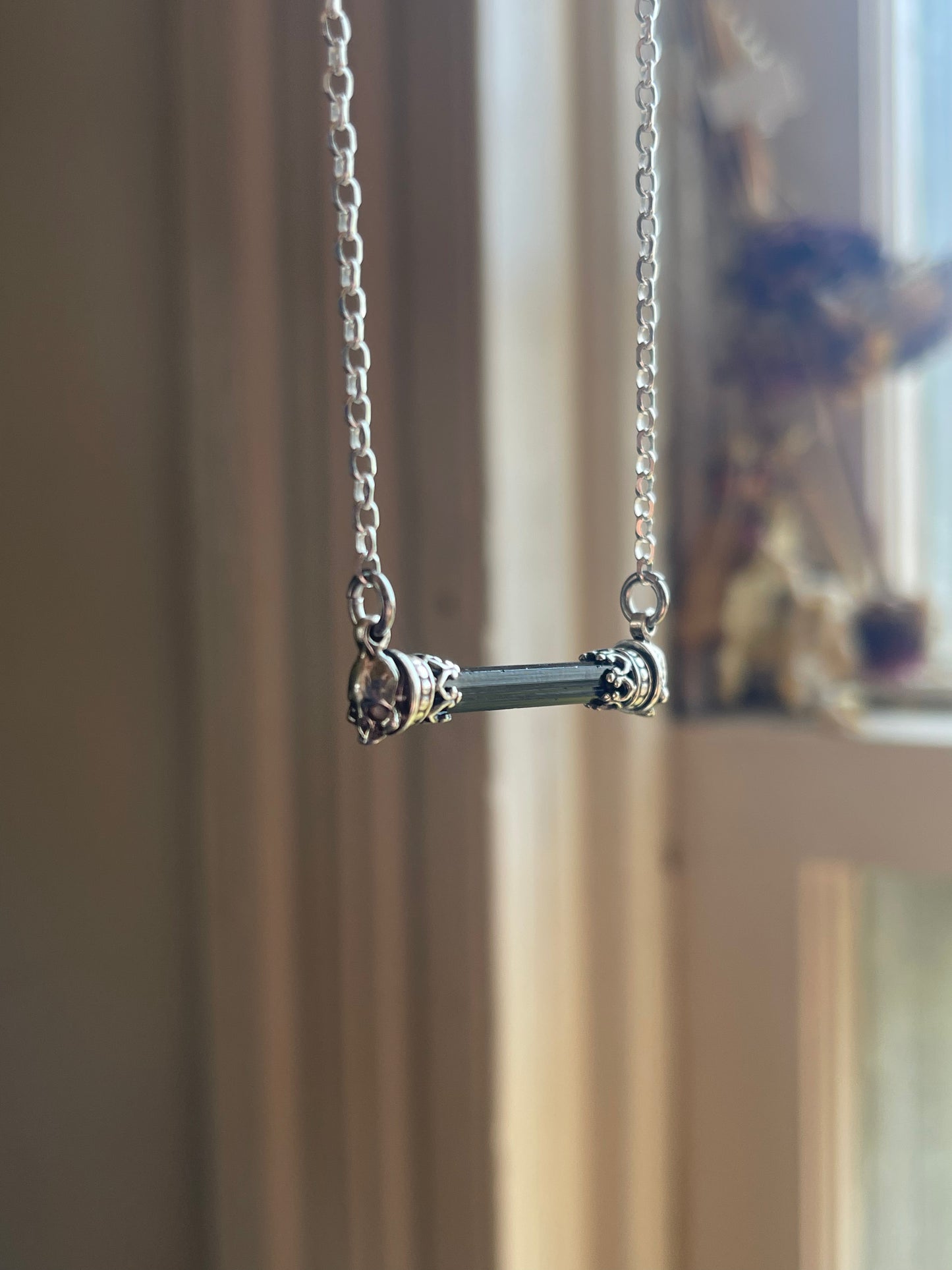 Black Tourmaline Crystal Gothic Skull Bar Necklace