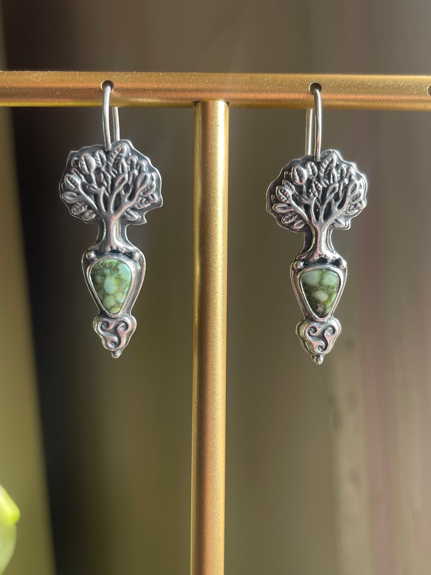 Sacred Grove • Sonoran Gold Turquoise Celtic Knot Tree Drop Earrings • Sterling Silver