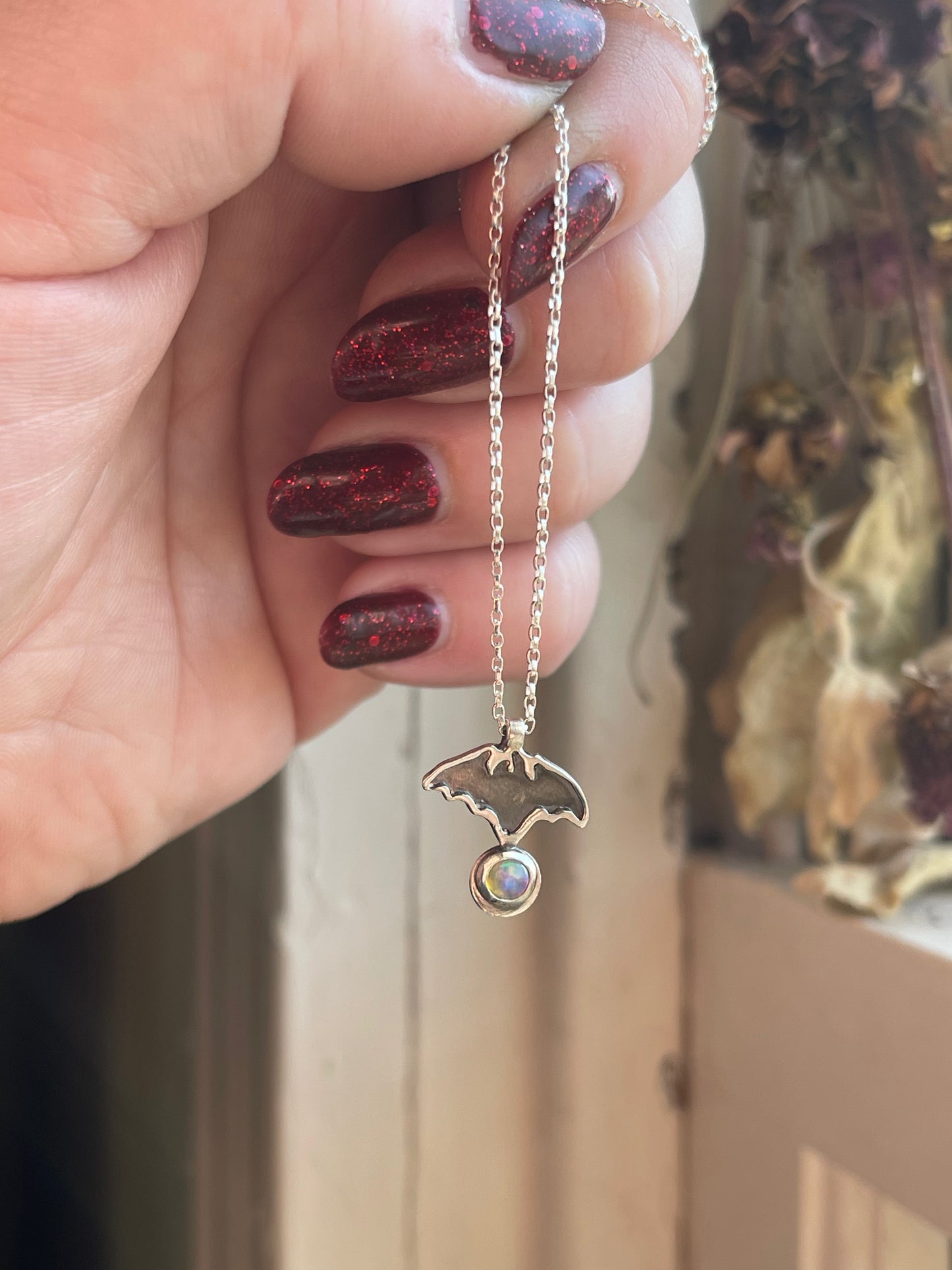 Little Bat Opal Charm Necklace
