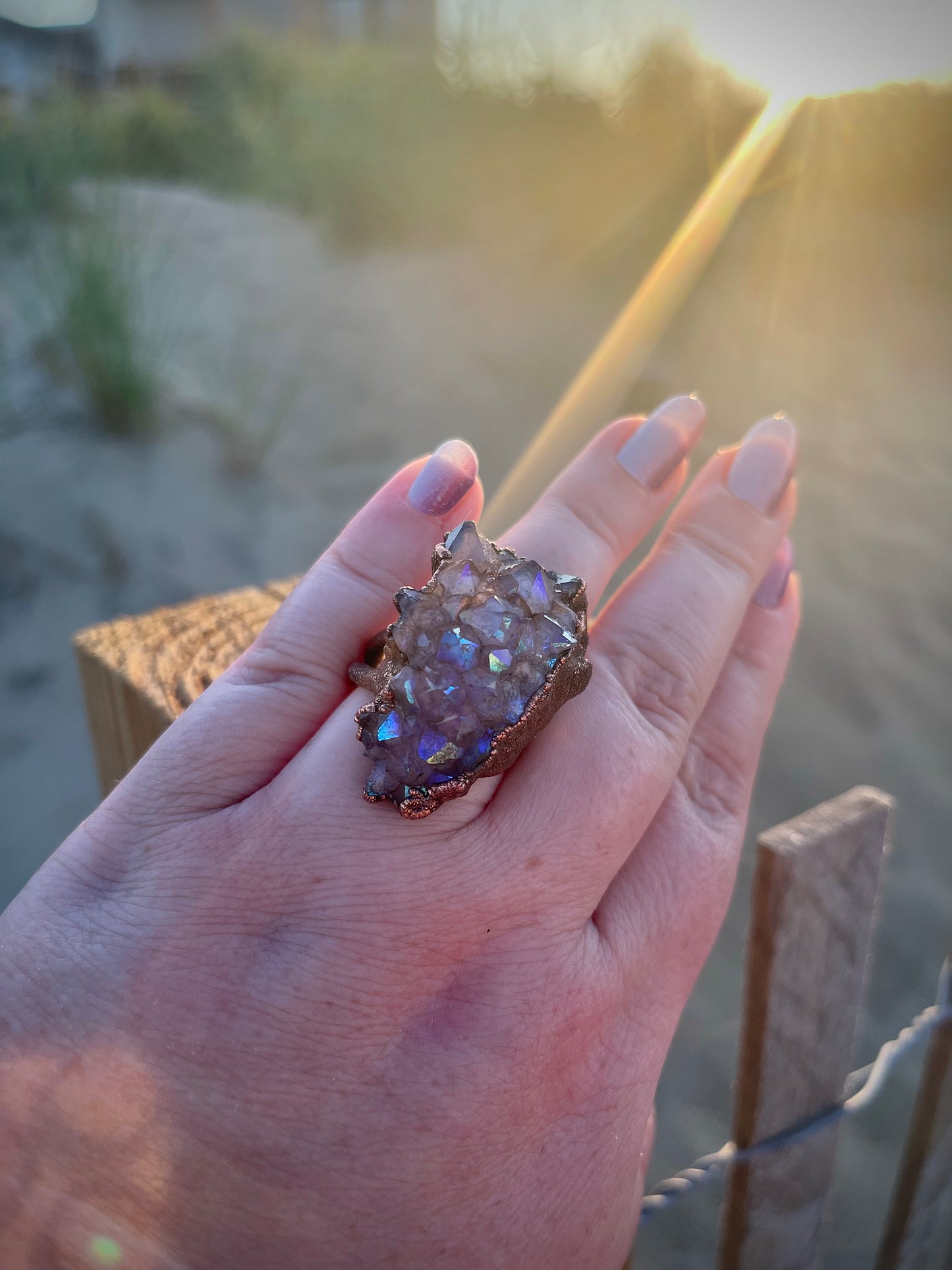 Angel Aurafied Geode Quartz Electroformed Copper Statement Ring