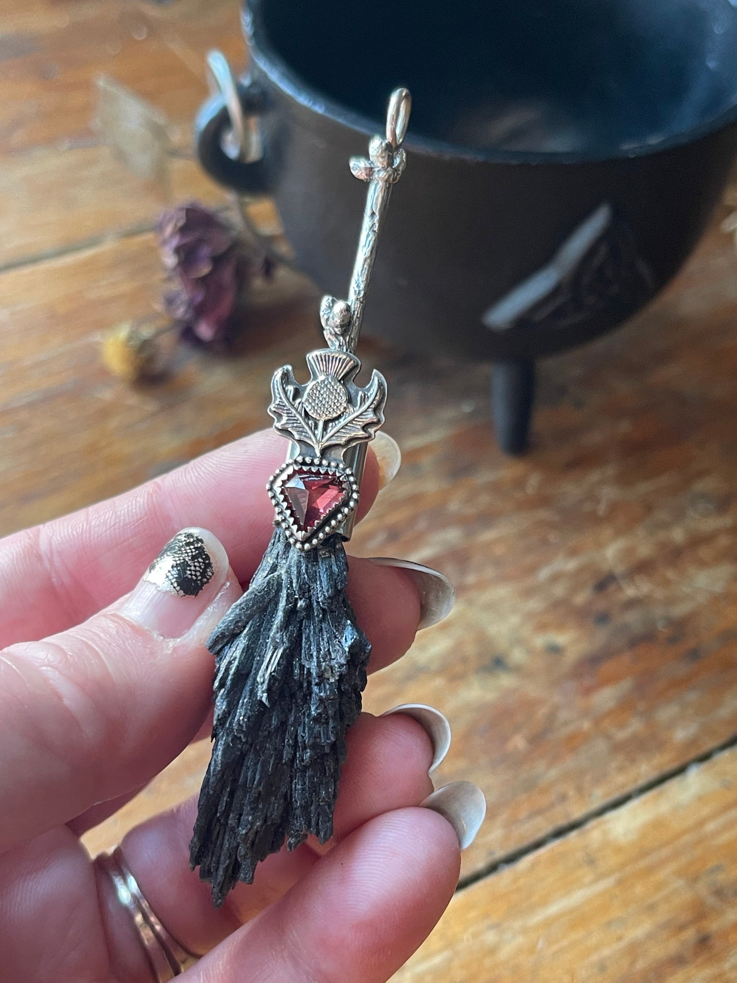 Cottage Witch Thistle Garnet Crystal Broom Pendant