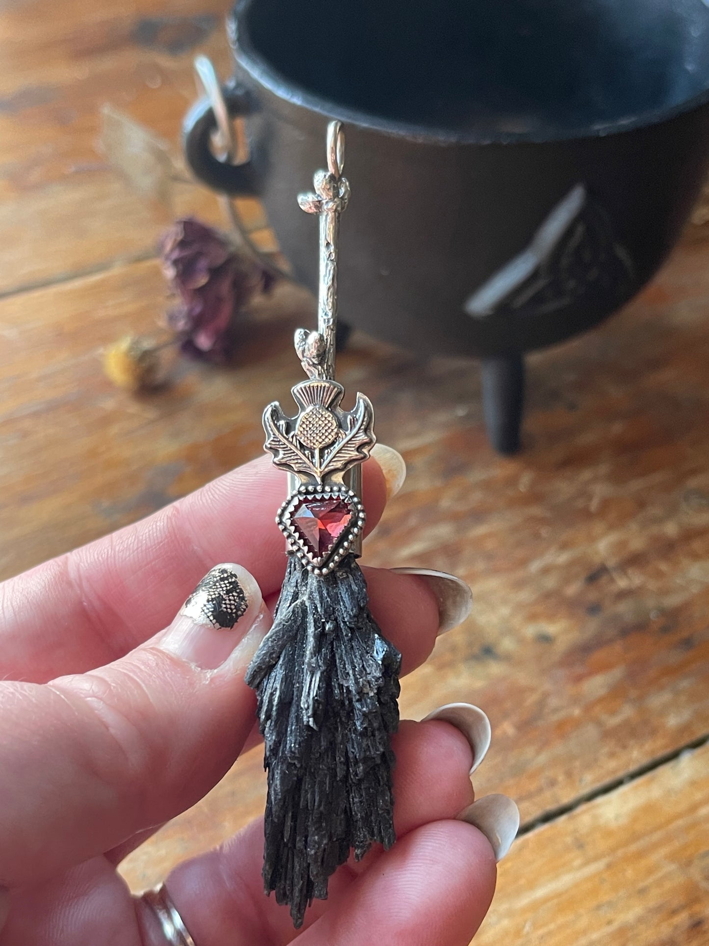 Cottage Witch Thistle Garnet Crystal Broom Pendant