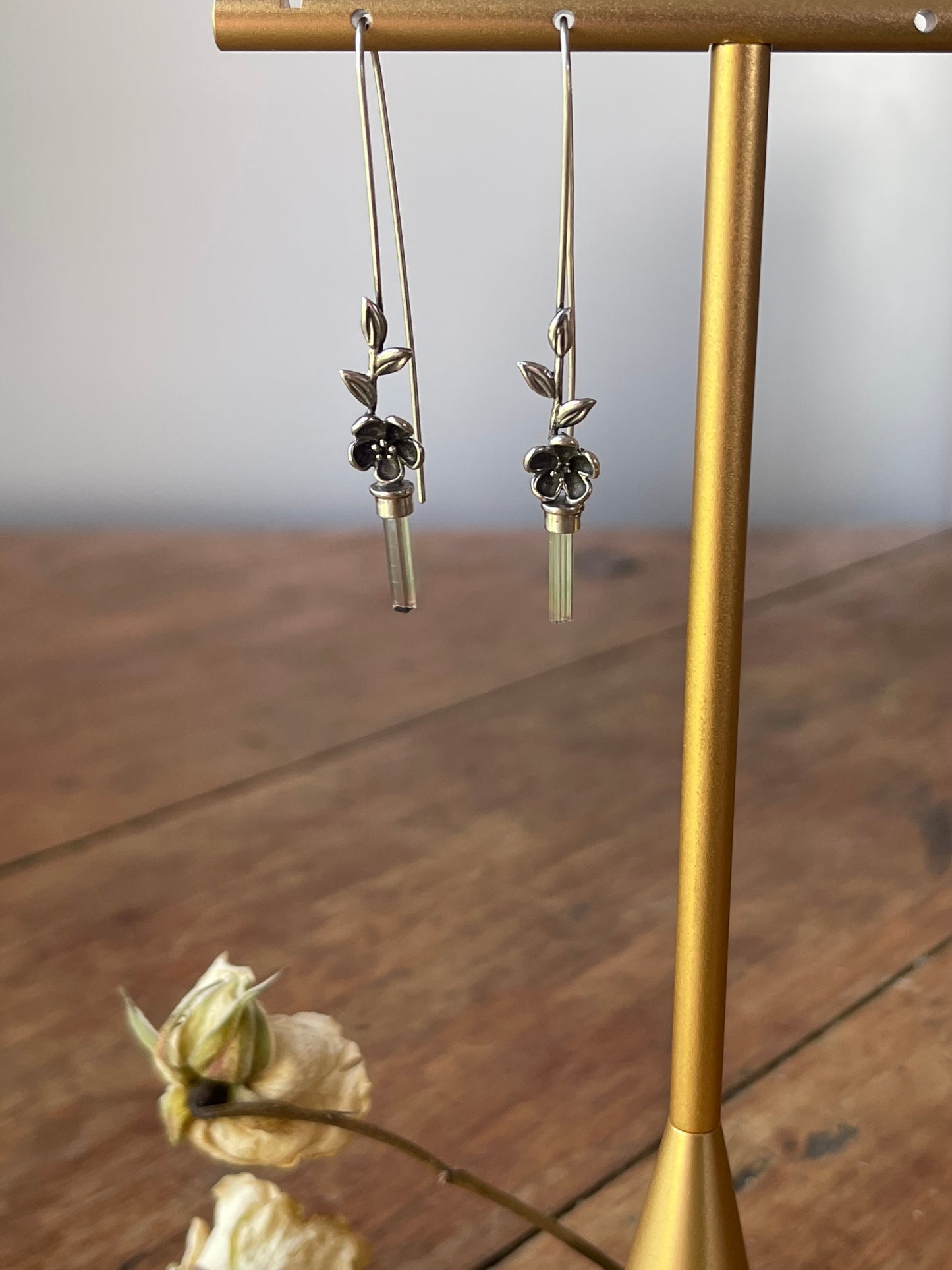 *Blooms on the Vine • Watermelon Tourmaline Crystal Cherry Blossom Long Drop Earrings • Sterling Silver