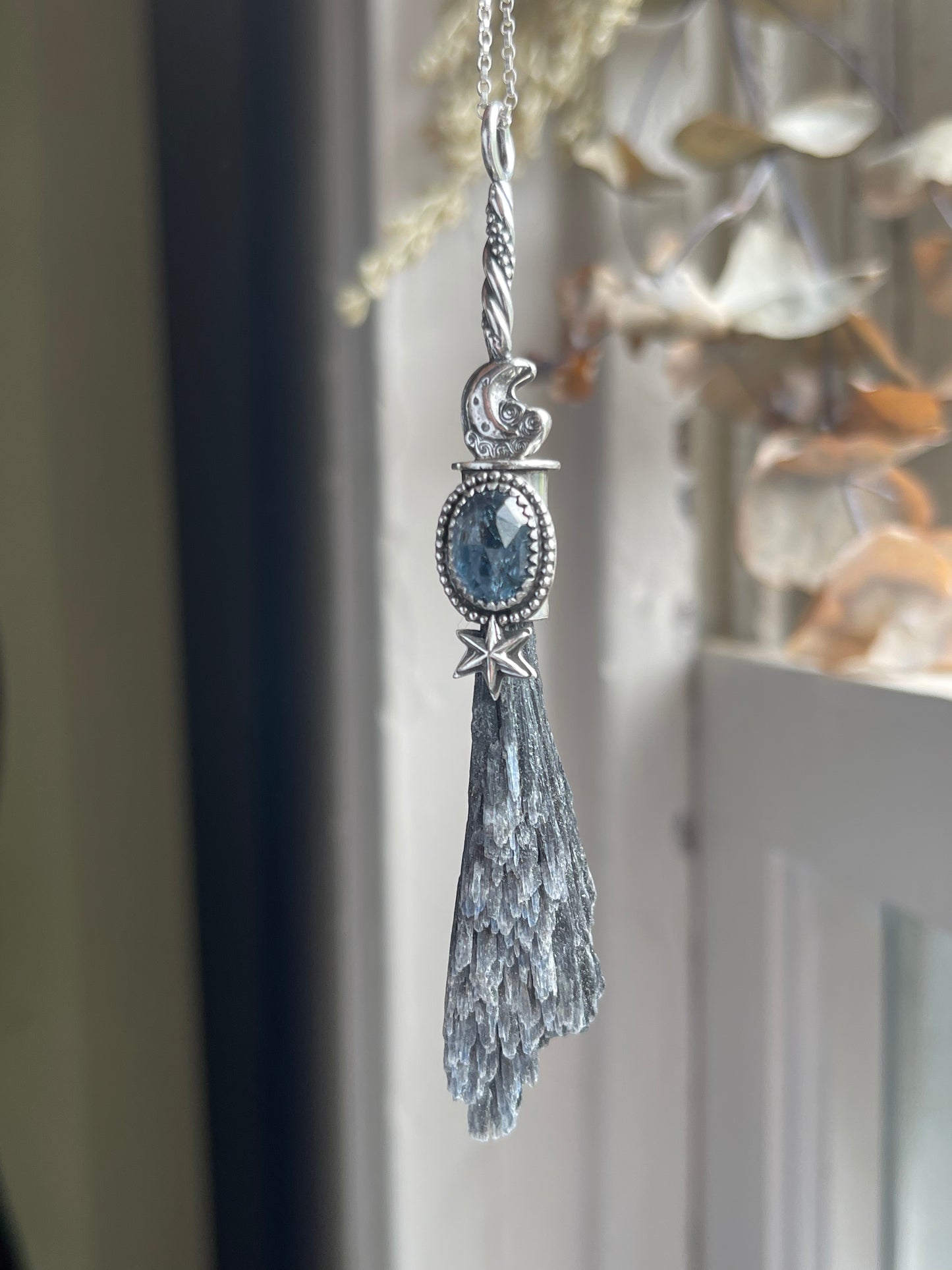 Celestial Witch Teal Kyanite Crystal Witch Broom Pendant