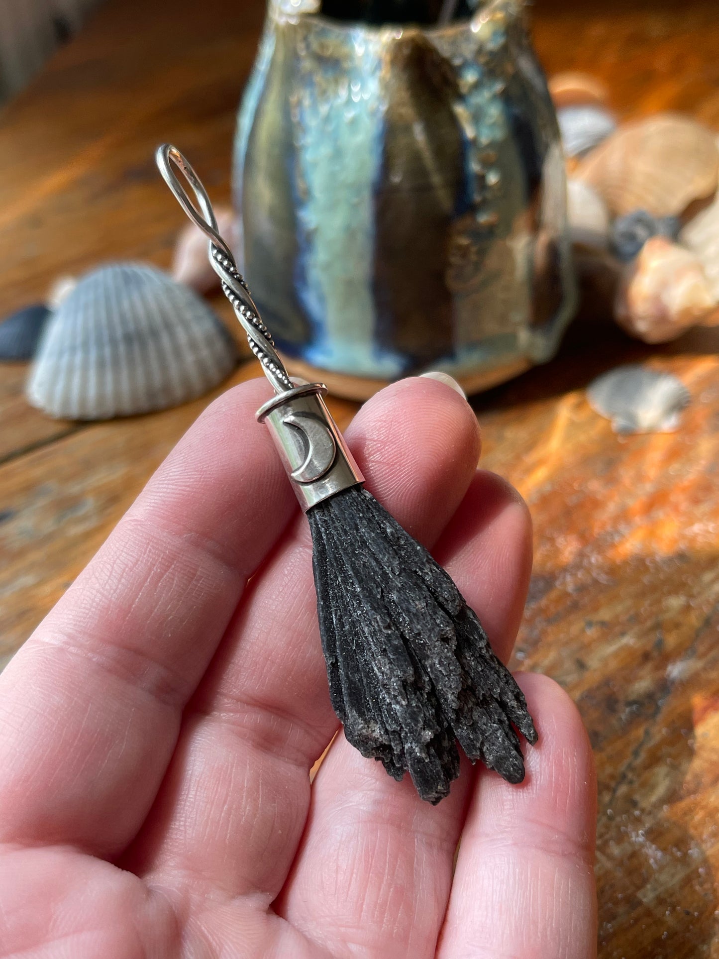 Black Kyanite Crystal Lunar Witch Broom Pendant PRE-ORDER