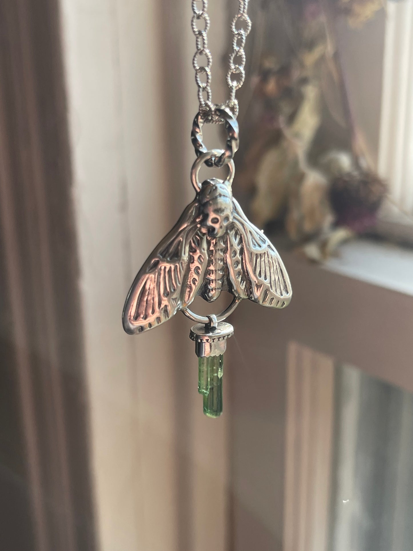 Green Tourmaline Crystal Deathmoth Necklace