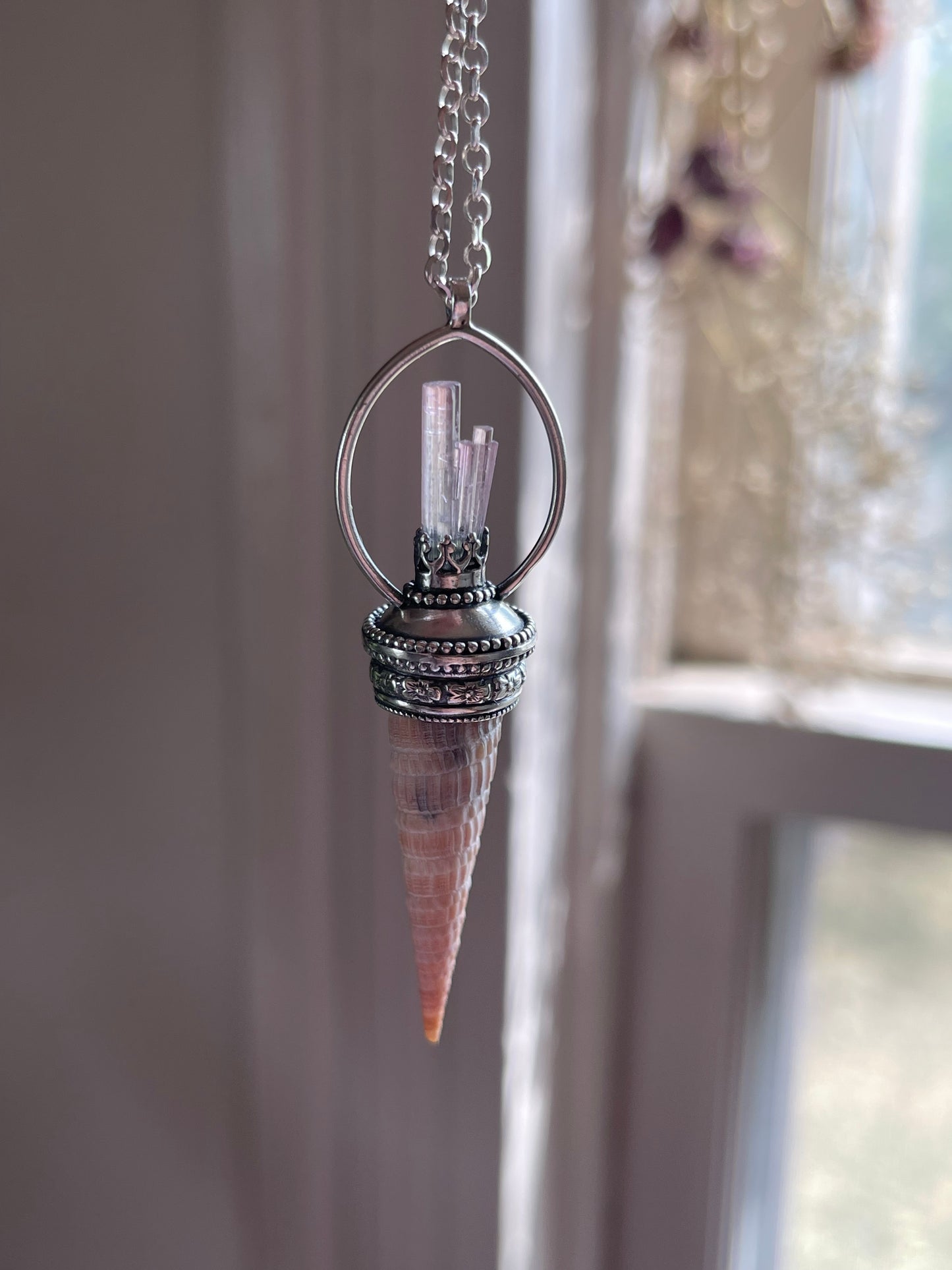 Elafonisi Tides • Pink Watermelon Tourmaline Crystal Shell Statement Pendant Necklace