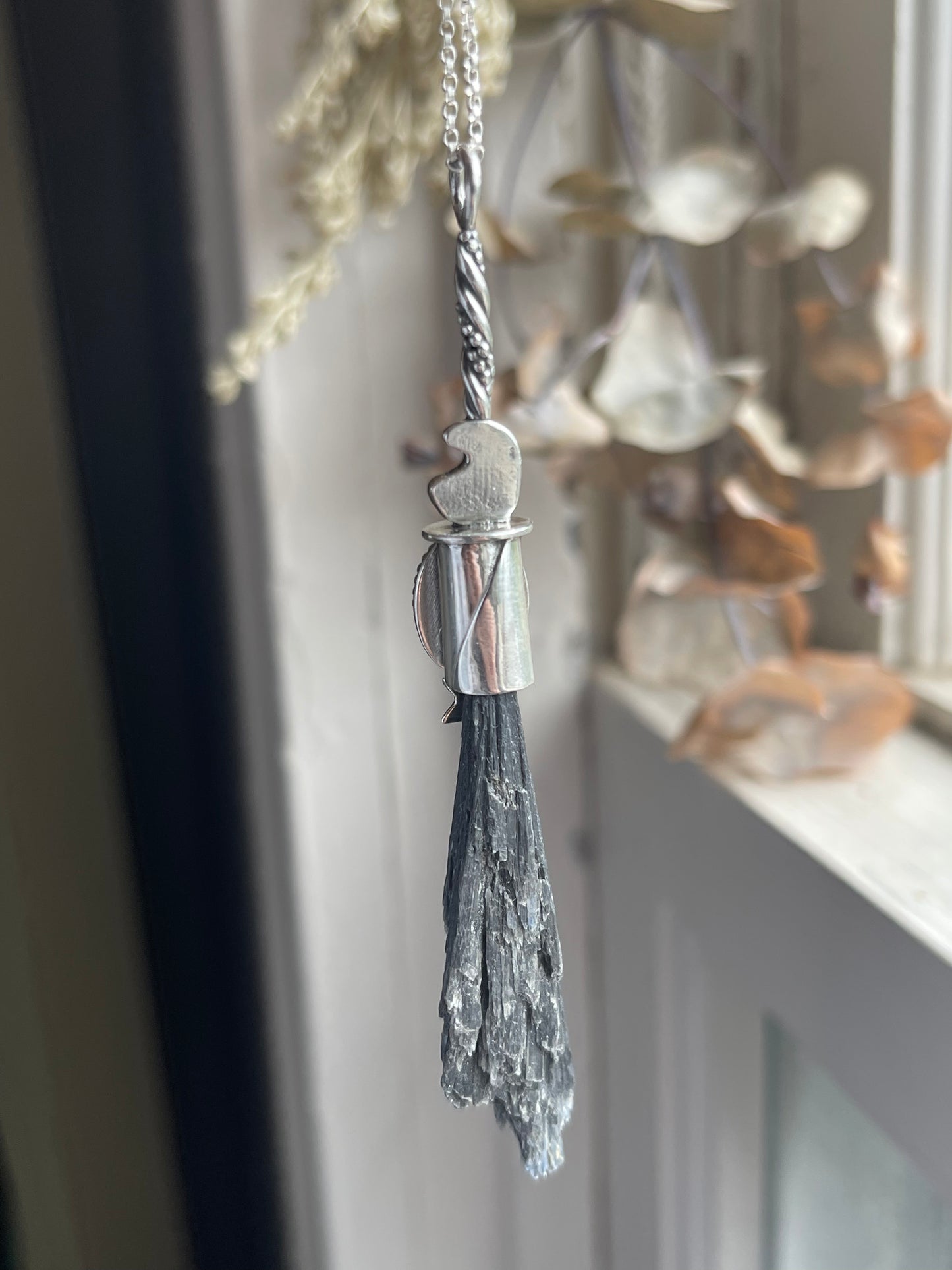 Celestial Witch Teal Kyanite Crystal Witch Broom Pendant