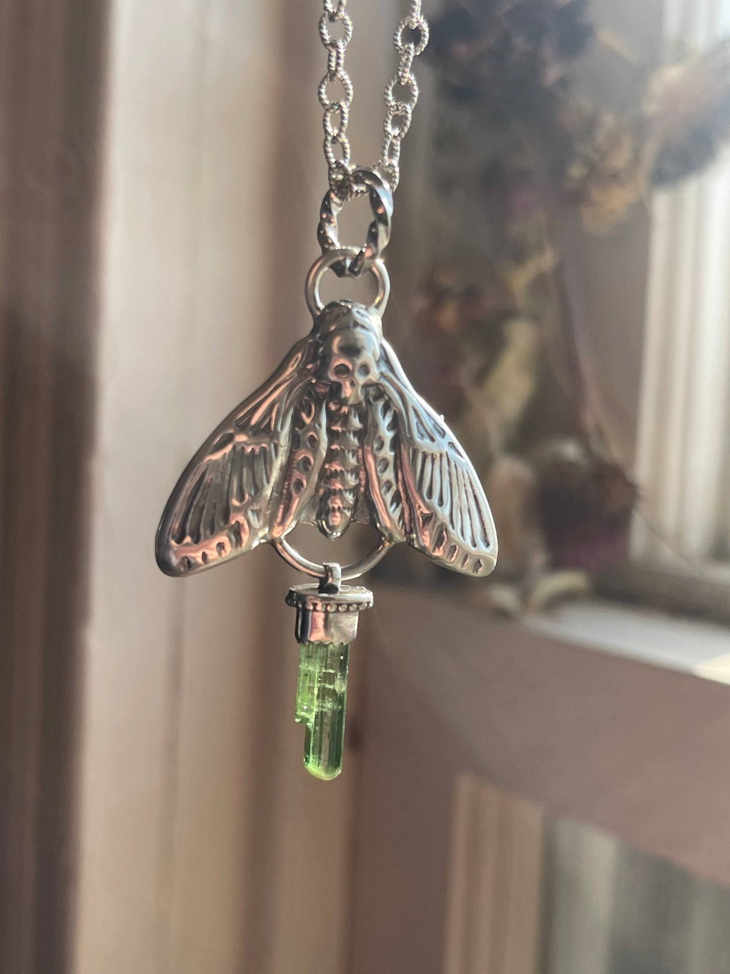 Green Tourmaline Crystal Deathmoth Necklace