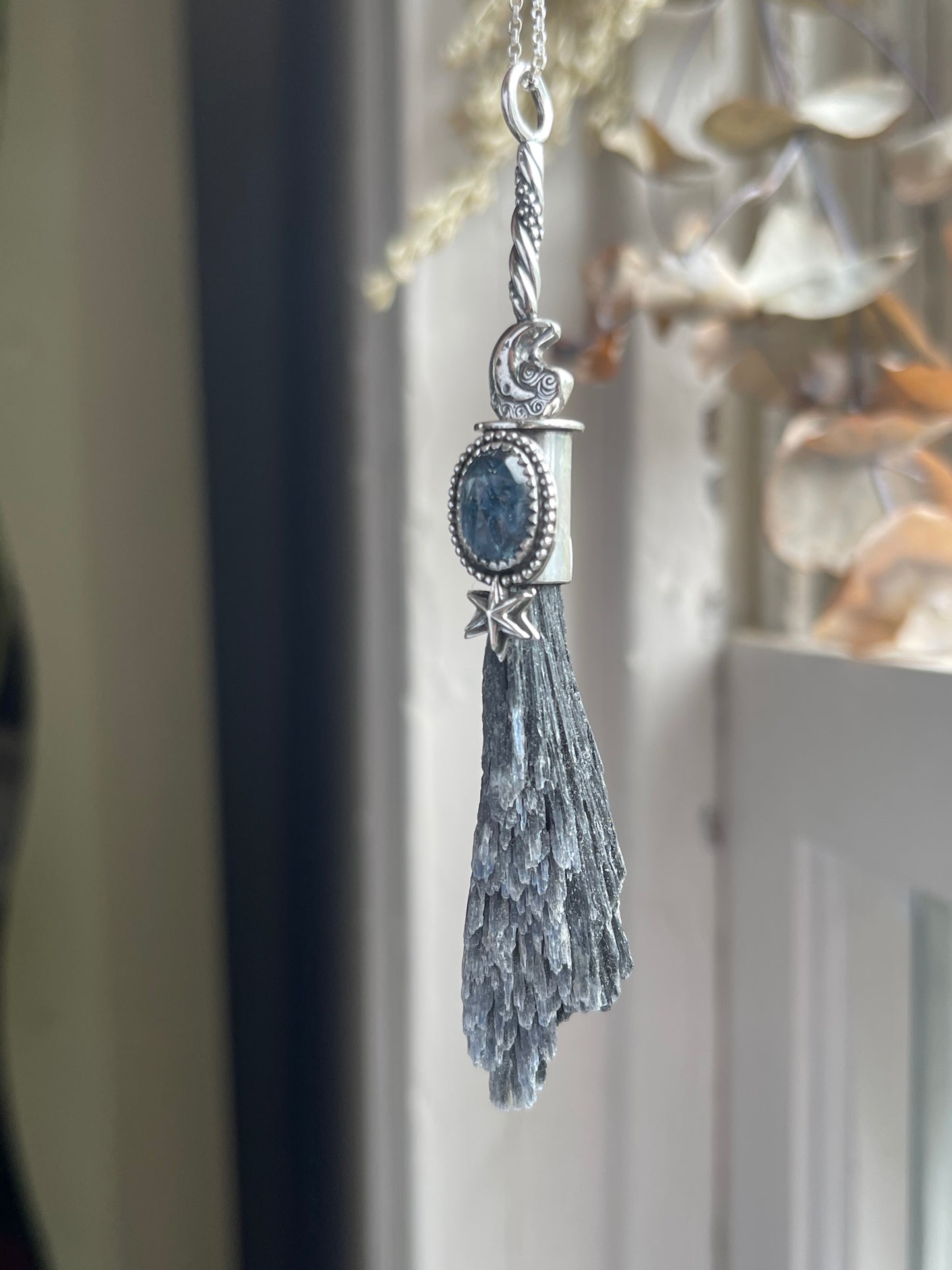 Celestial Witch Teal Kyanite Crystal Witch Broom Pendant