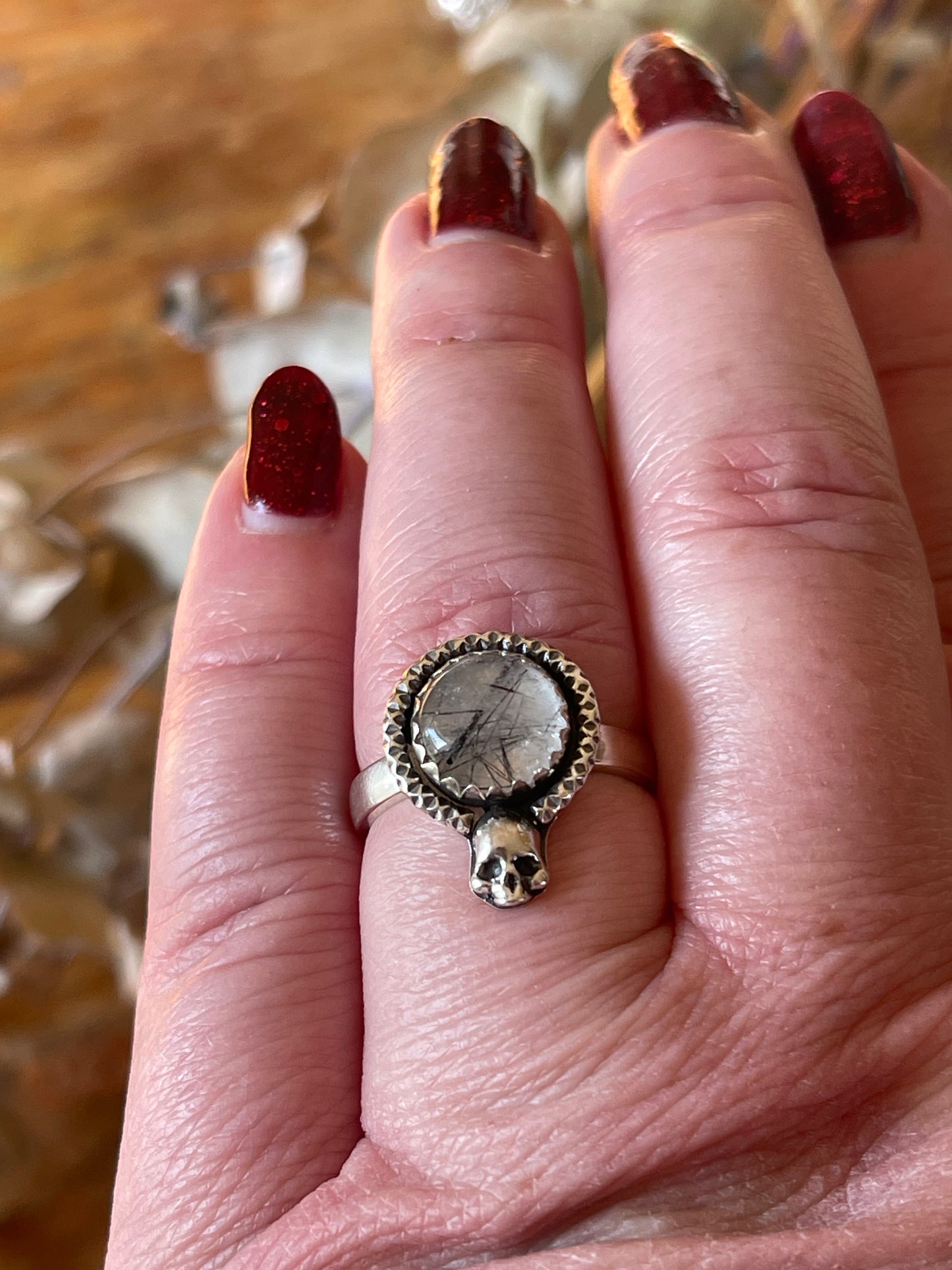 Black Rutilated Quartz Skull Ring