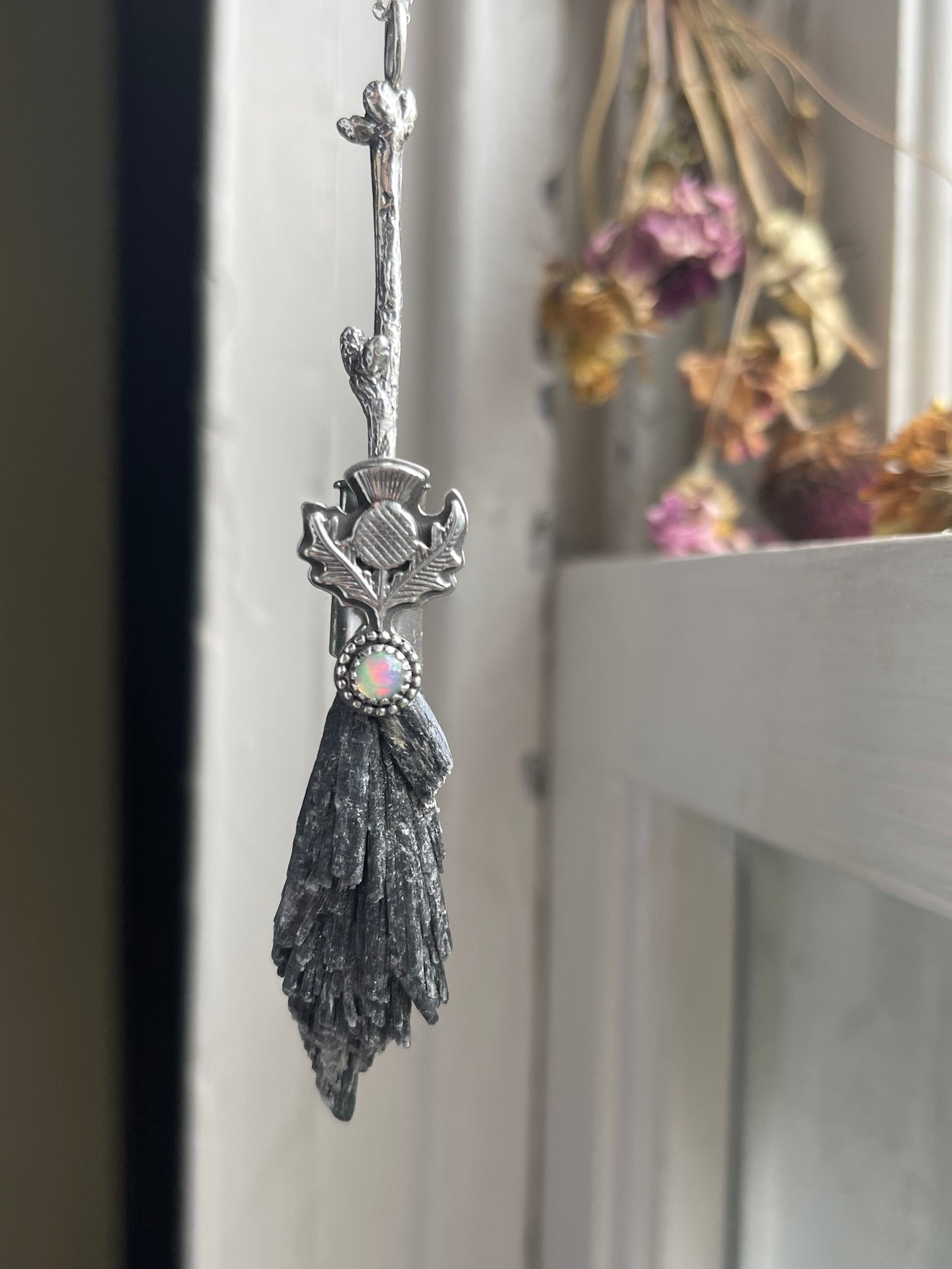 Thistle Opal Cottage Witch Crystal Broom Pendant