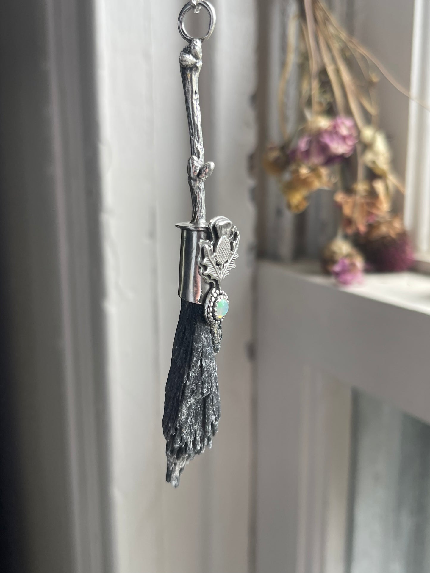 Thistle Opal Cottage Witch Crystal Broom Pendant