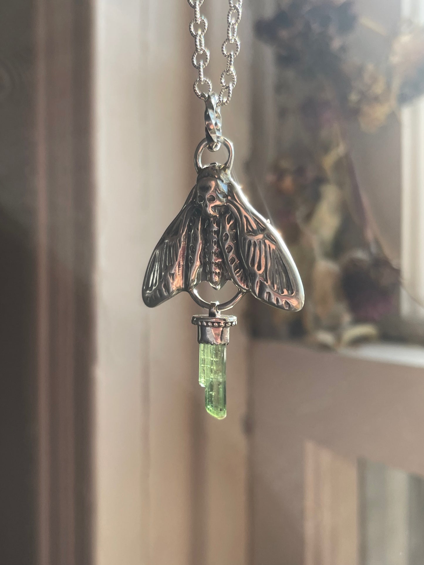 Green Tourmaline Crystal Deathmoth Necklace