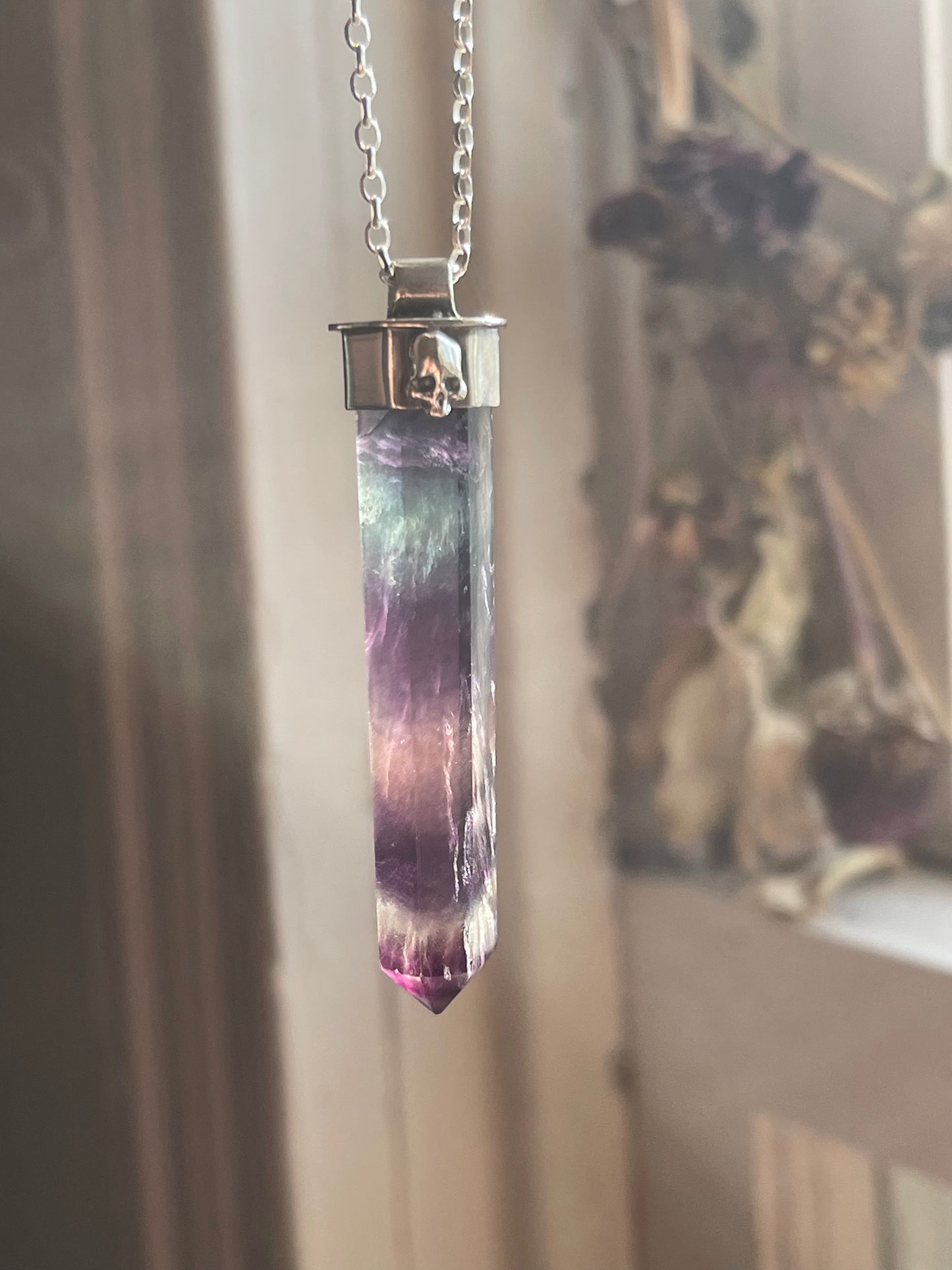 Autumnal Decay Fluorite Crystal Skull Necklace