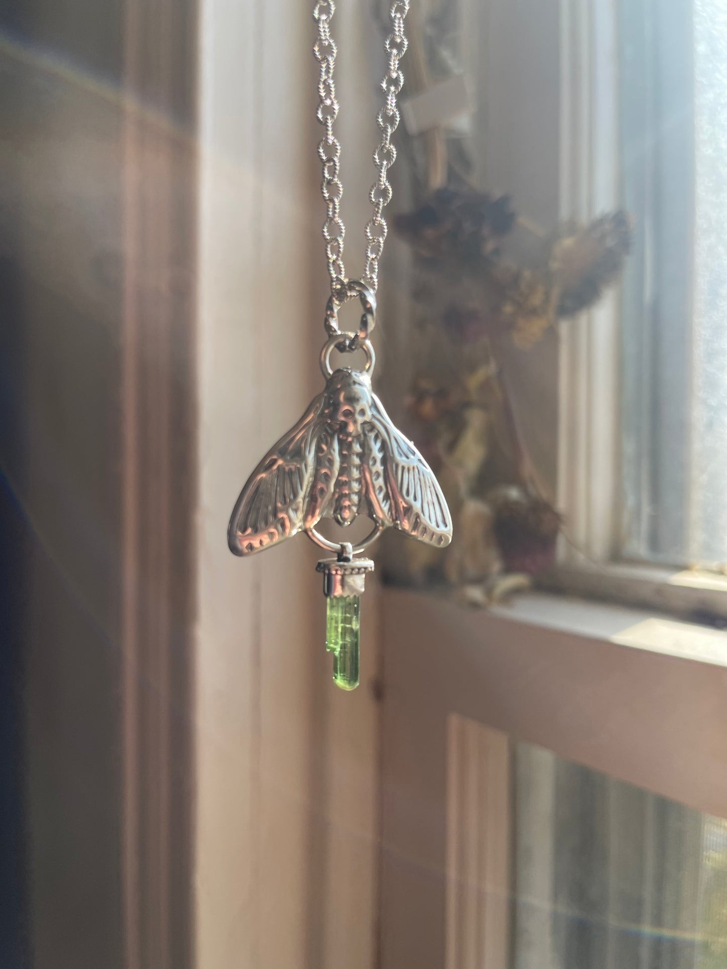 Green Tourmaline Crystal Deathmoth Necklace