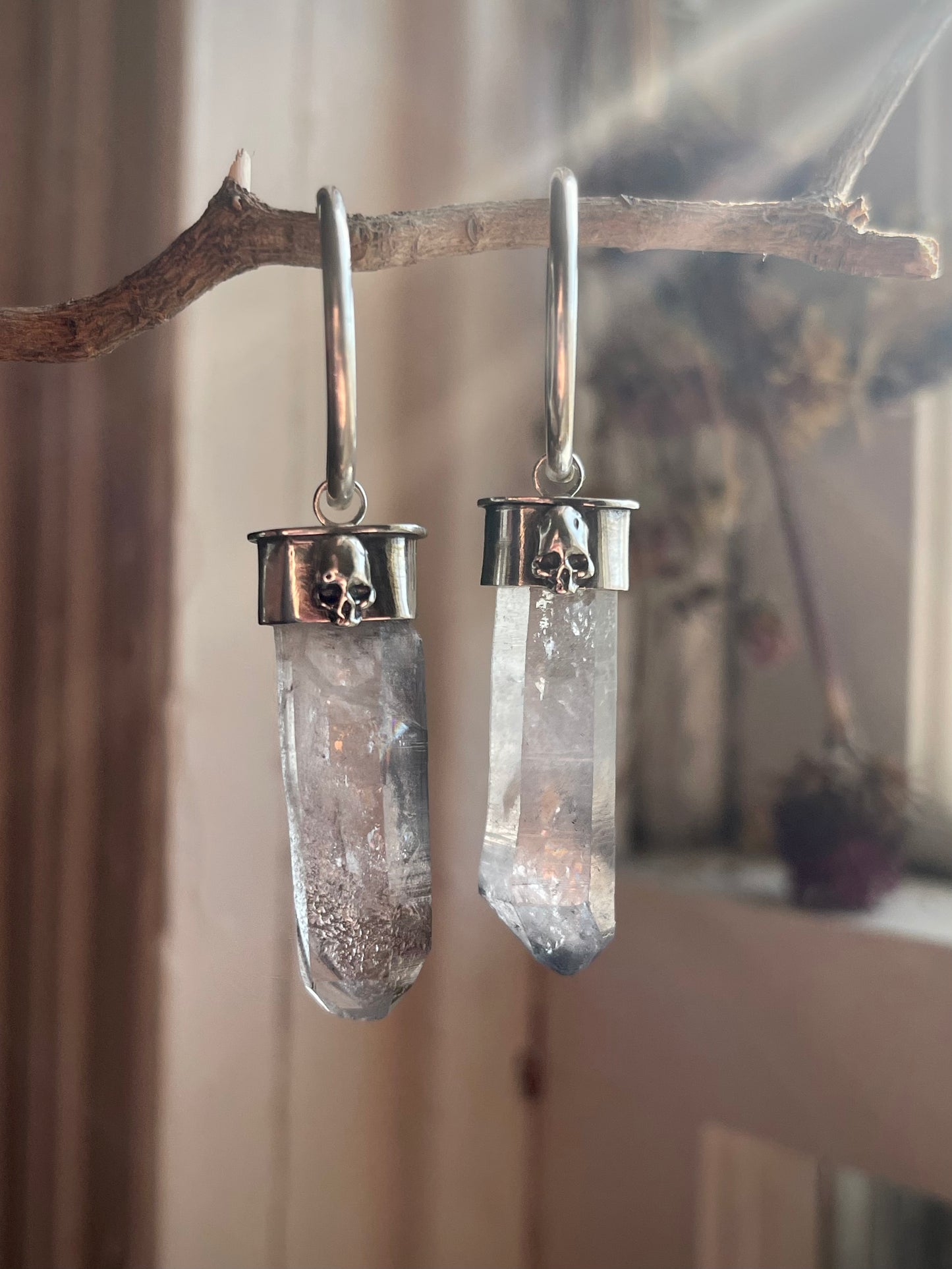 Gauged Tibetan Quartz Skull Ear Hanger Hoops