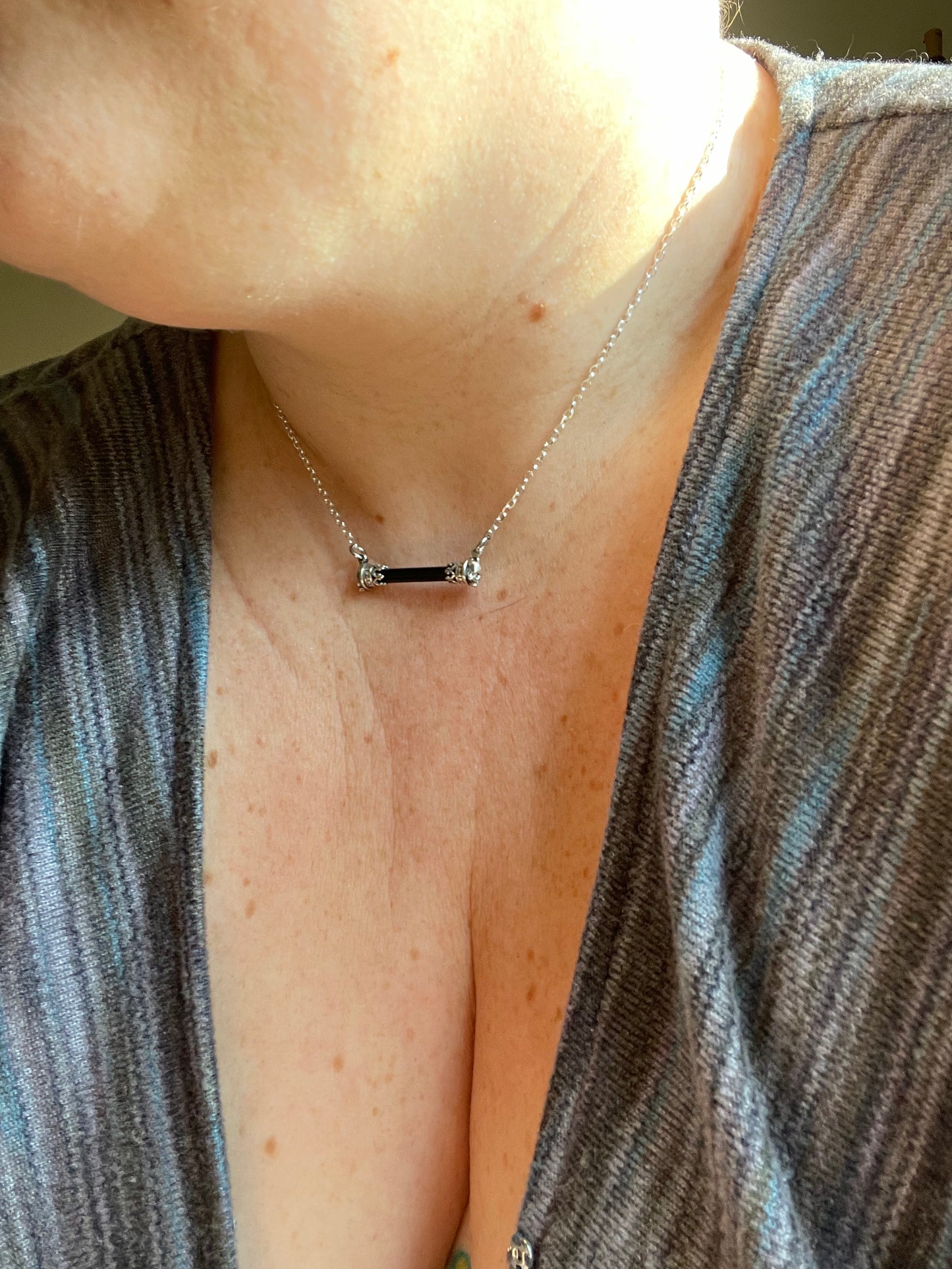 Black Tourmaline Crystal Gothic Skull Bar Necklace