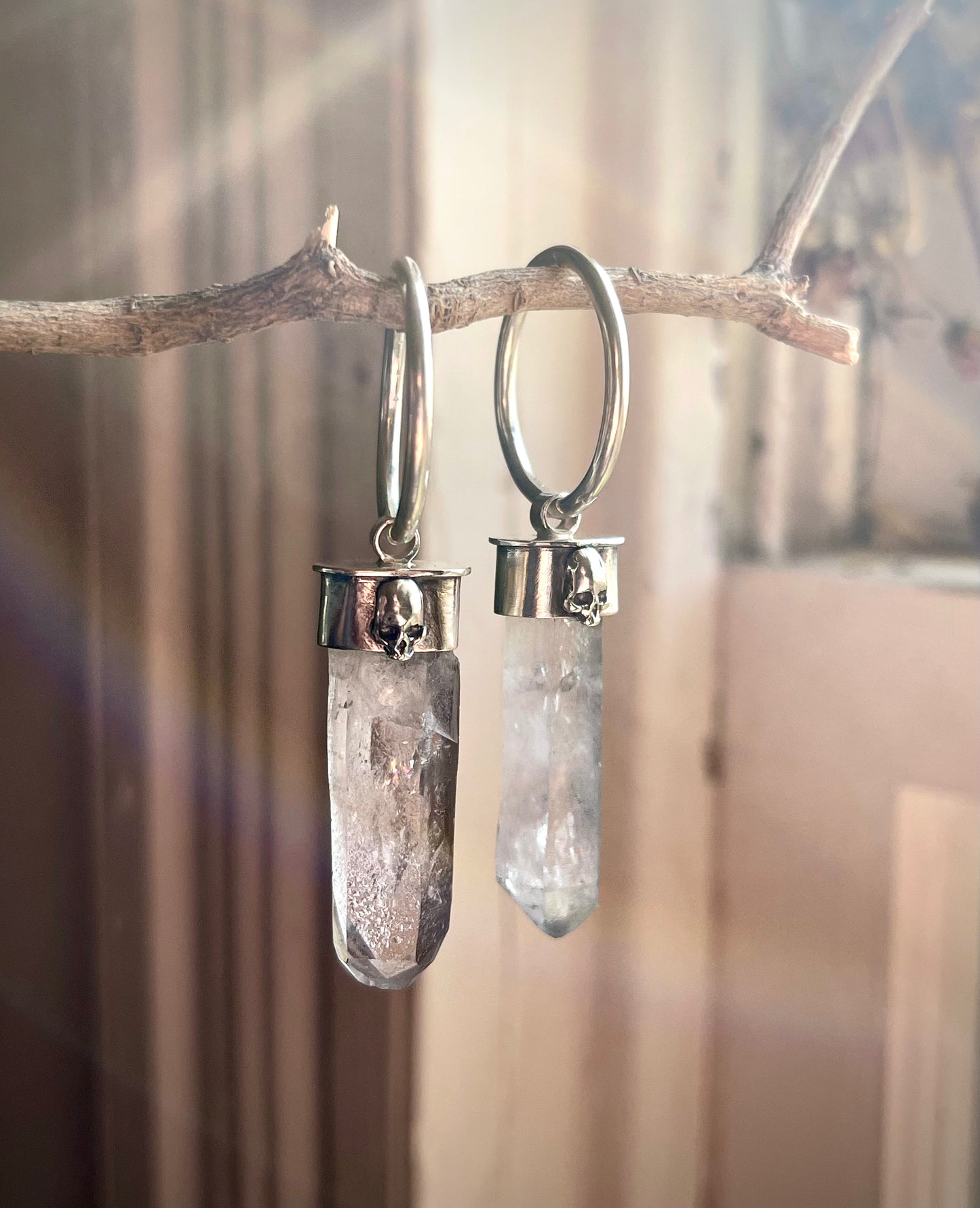 Gauged Tibetan Quartz Skull Ear Hanger Hoops