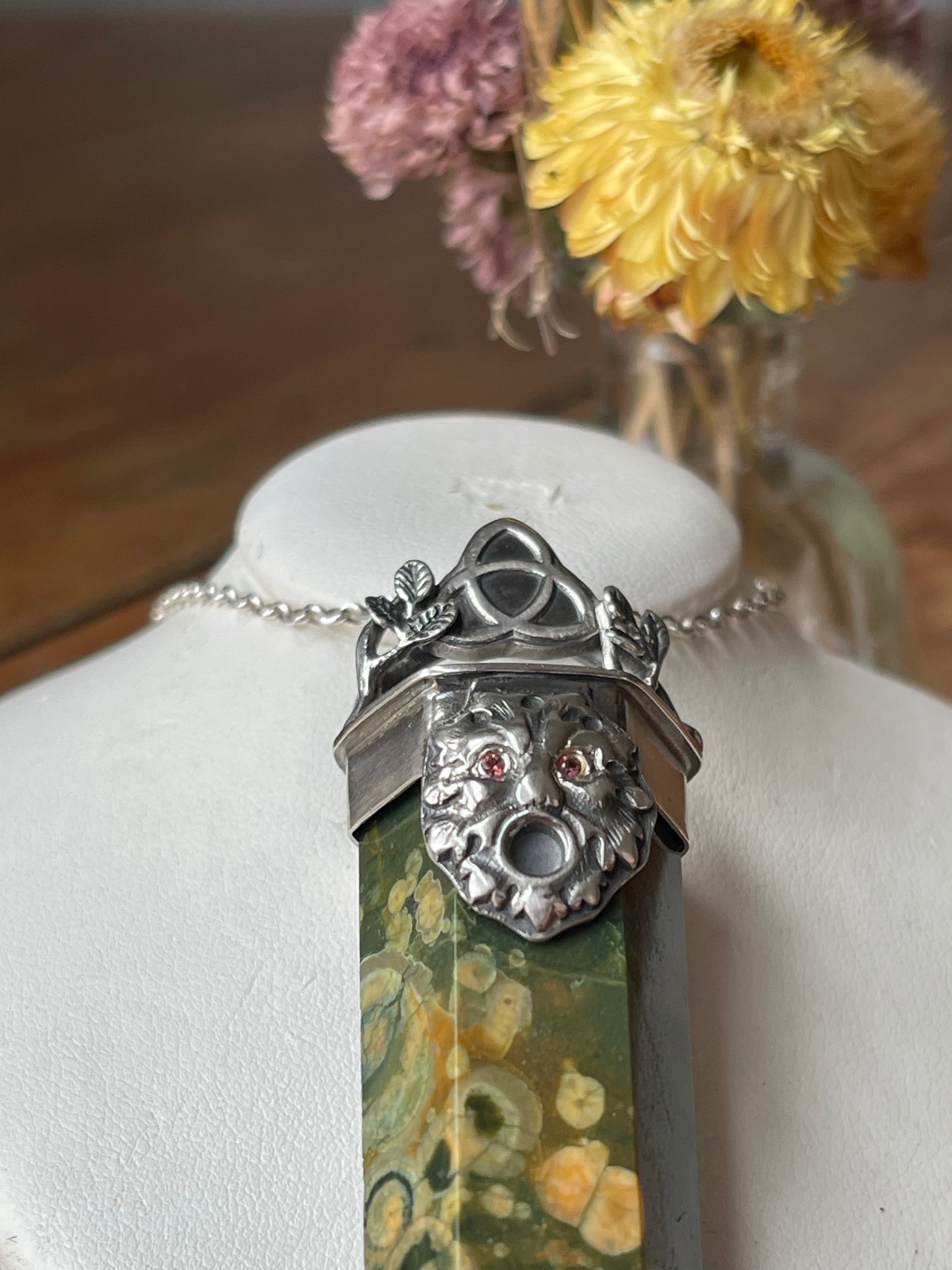 *Oakfather’s Blessing • Rainforest Agate Greenman Crystal with Orange Sapphire Eyes • Sterling Silver