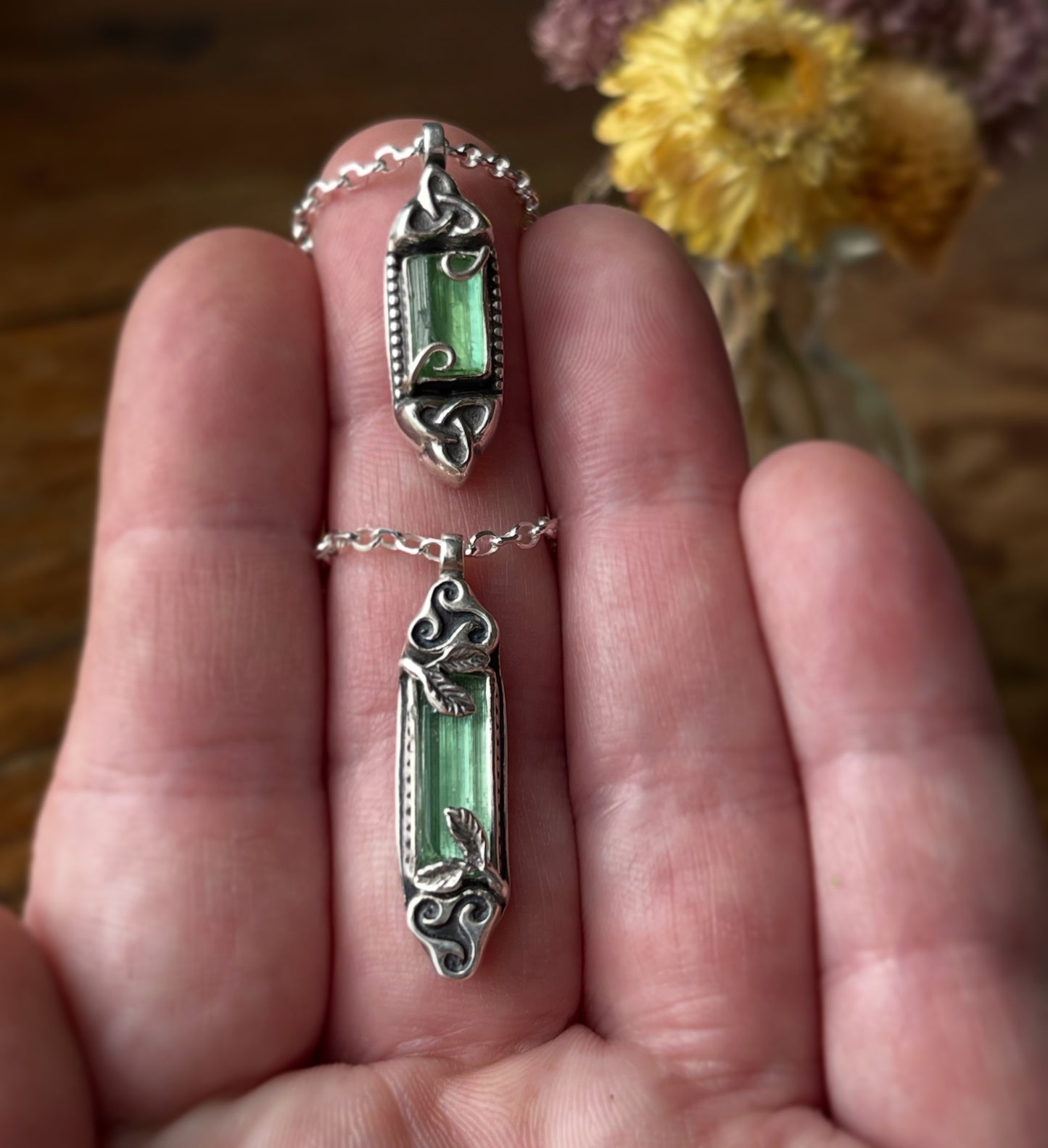 *Mabon’s Treasure • Green Tourmaline Crystal Triskelion Celtic Pendant Necklace