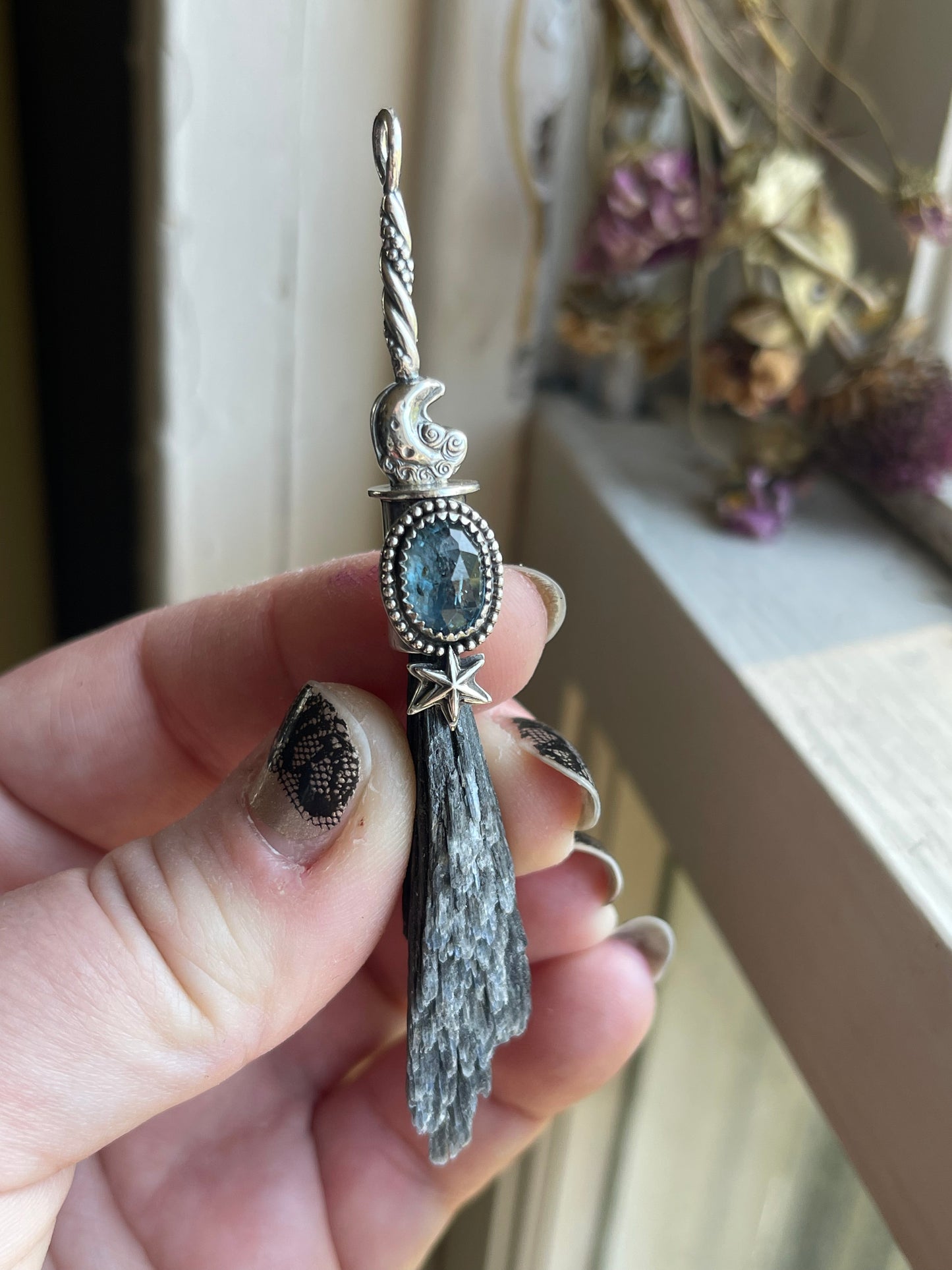 Celestial Witch Teal Kyanite Crystal Witch Broom Pendant