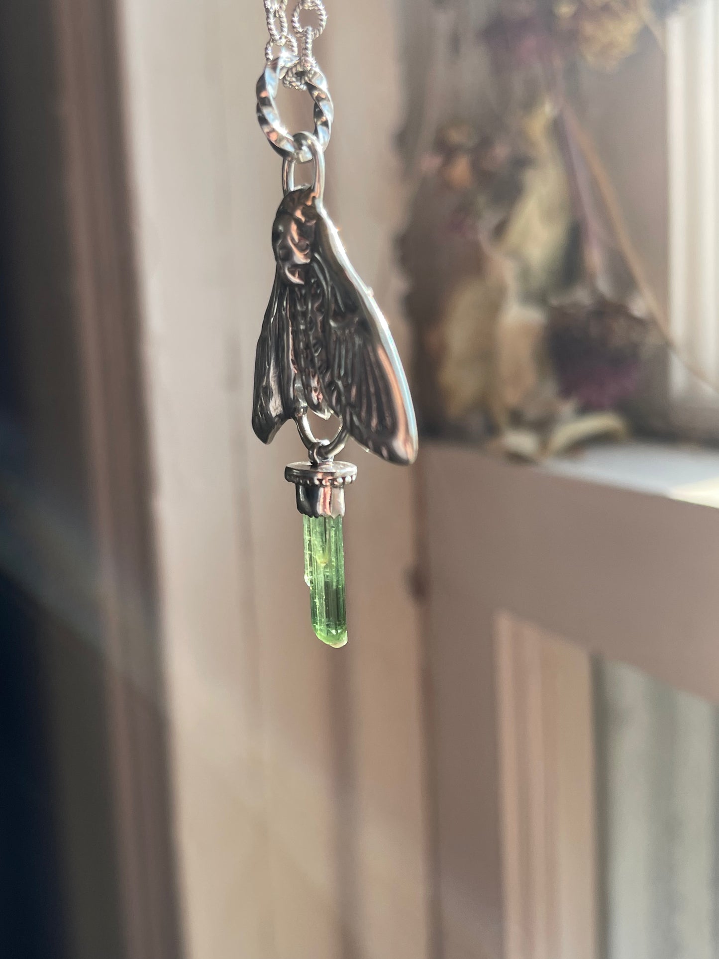Green Tourmaline Crystal Deathmoth Necklace