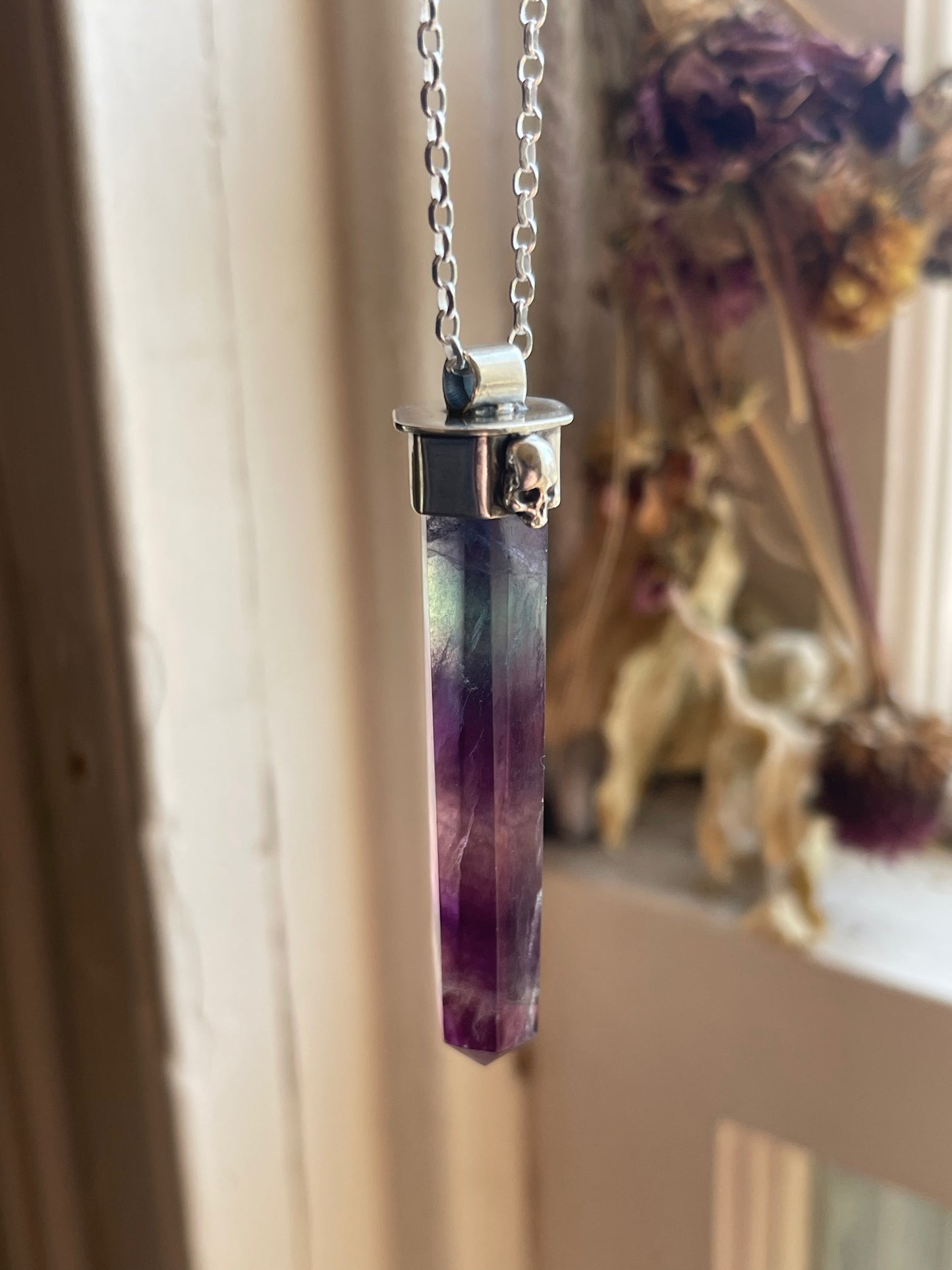 Autumnal Decay Fluorite Crystal Skull Necklace