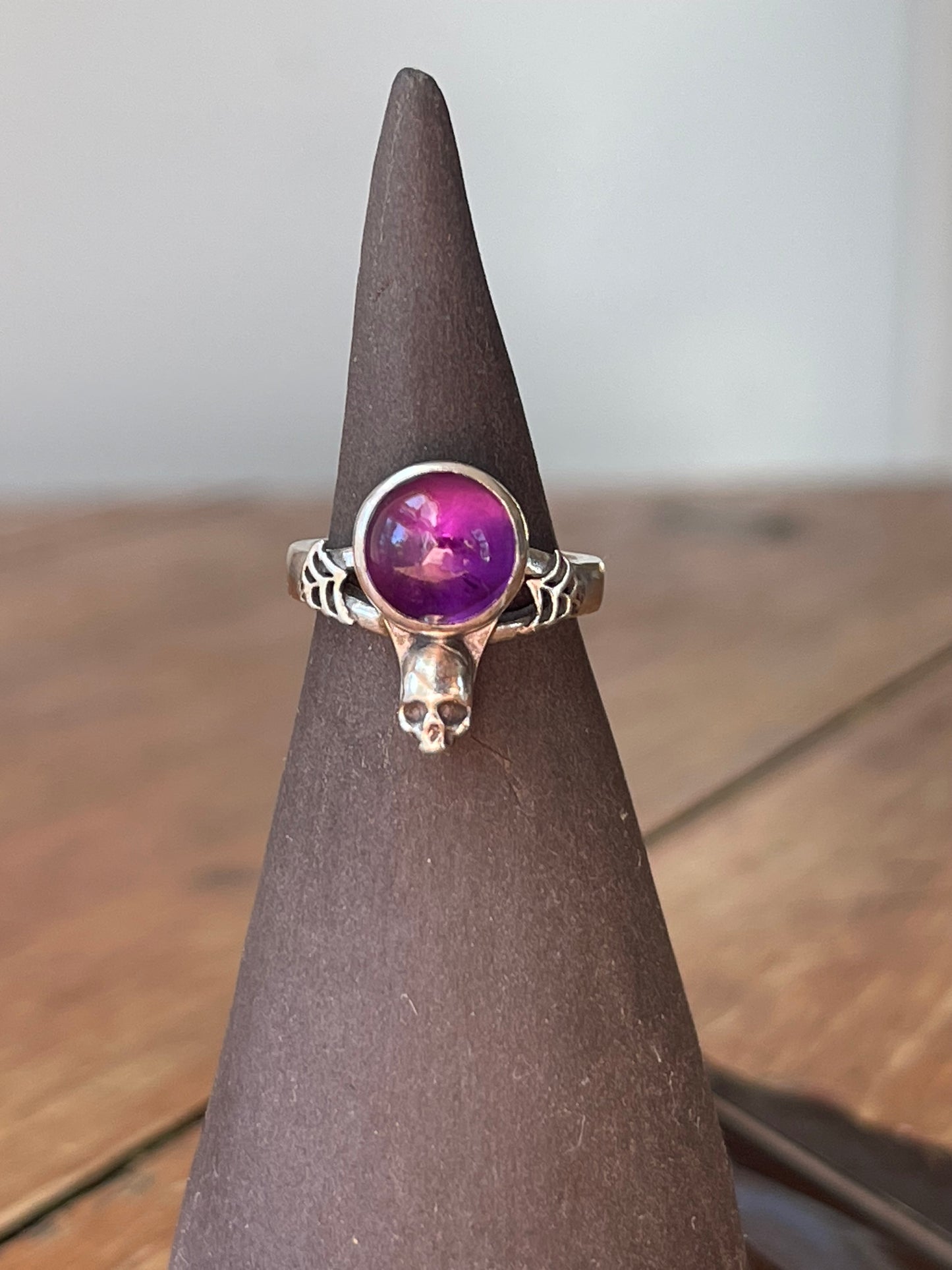 Elvira • Glowing Amethyst Spiderweb Skull Ring Size 5