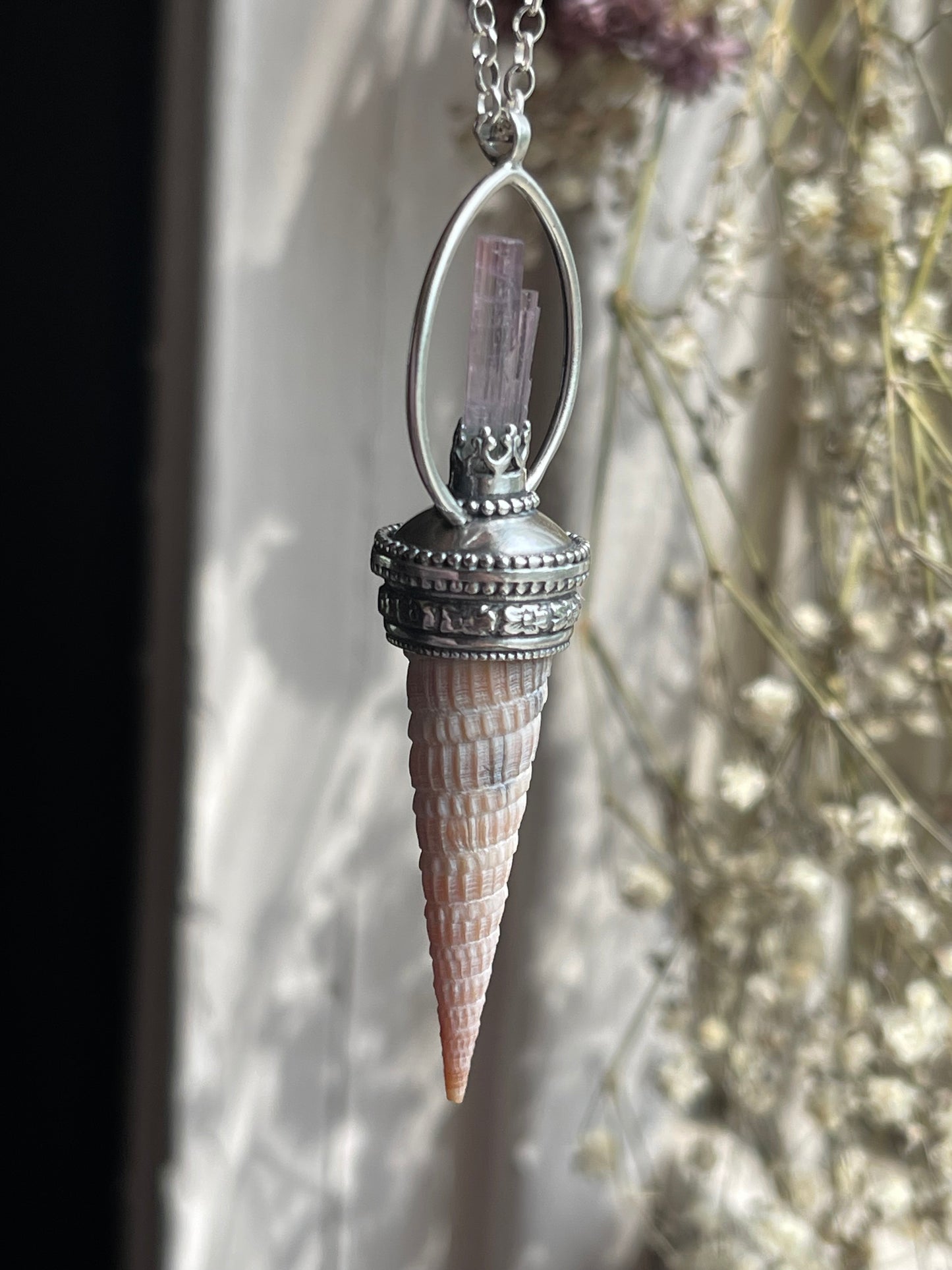 Elafonisi Tides • Pink Watermelon Tourmaline Crystal Shell Statement Pendant Necklace