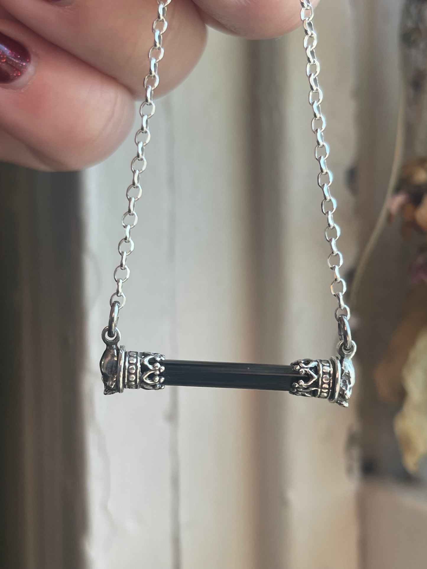 Black Tourmaline Crystal Gothic Skull Bar Necklace