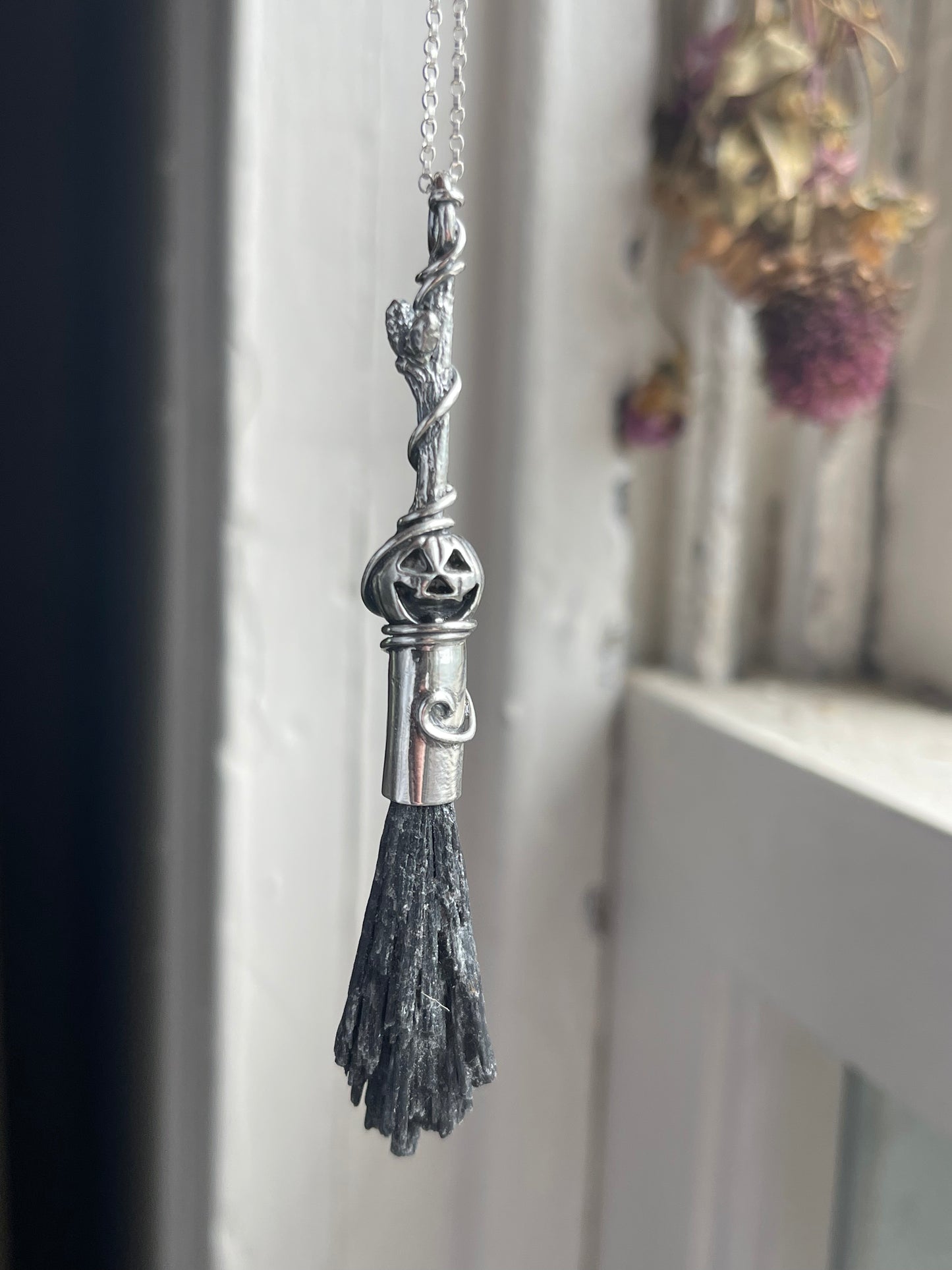 Classic Pumpkin Autumn Witch Crystal Broom Pendant