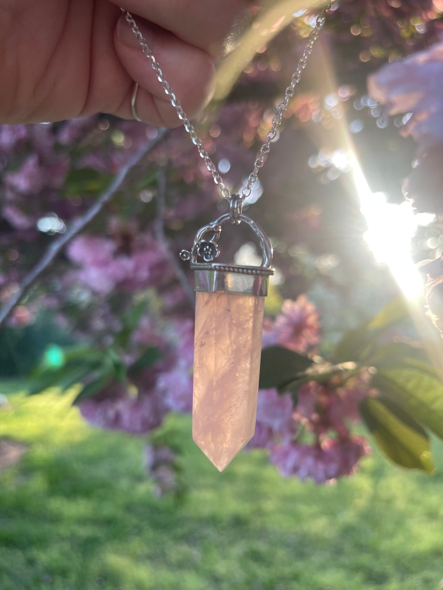 Cherries & Roses • Rose Quartz Crystal Floral pendant necklace