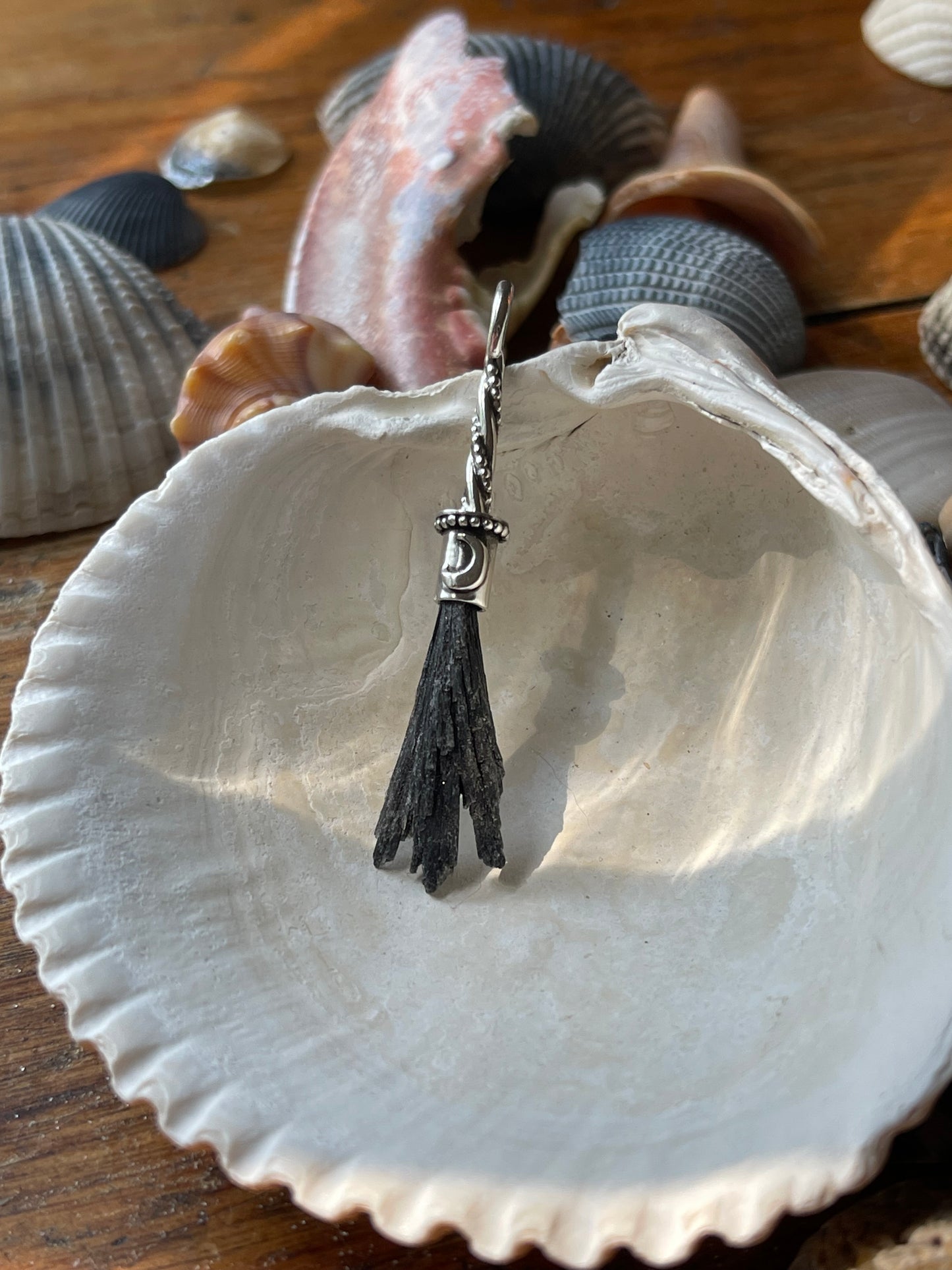 Black Kyanite Crystal Lunar Witch Broom Pendant PRE-ORDER
