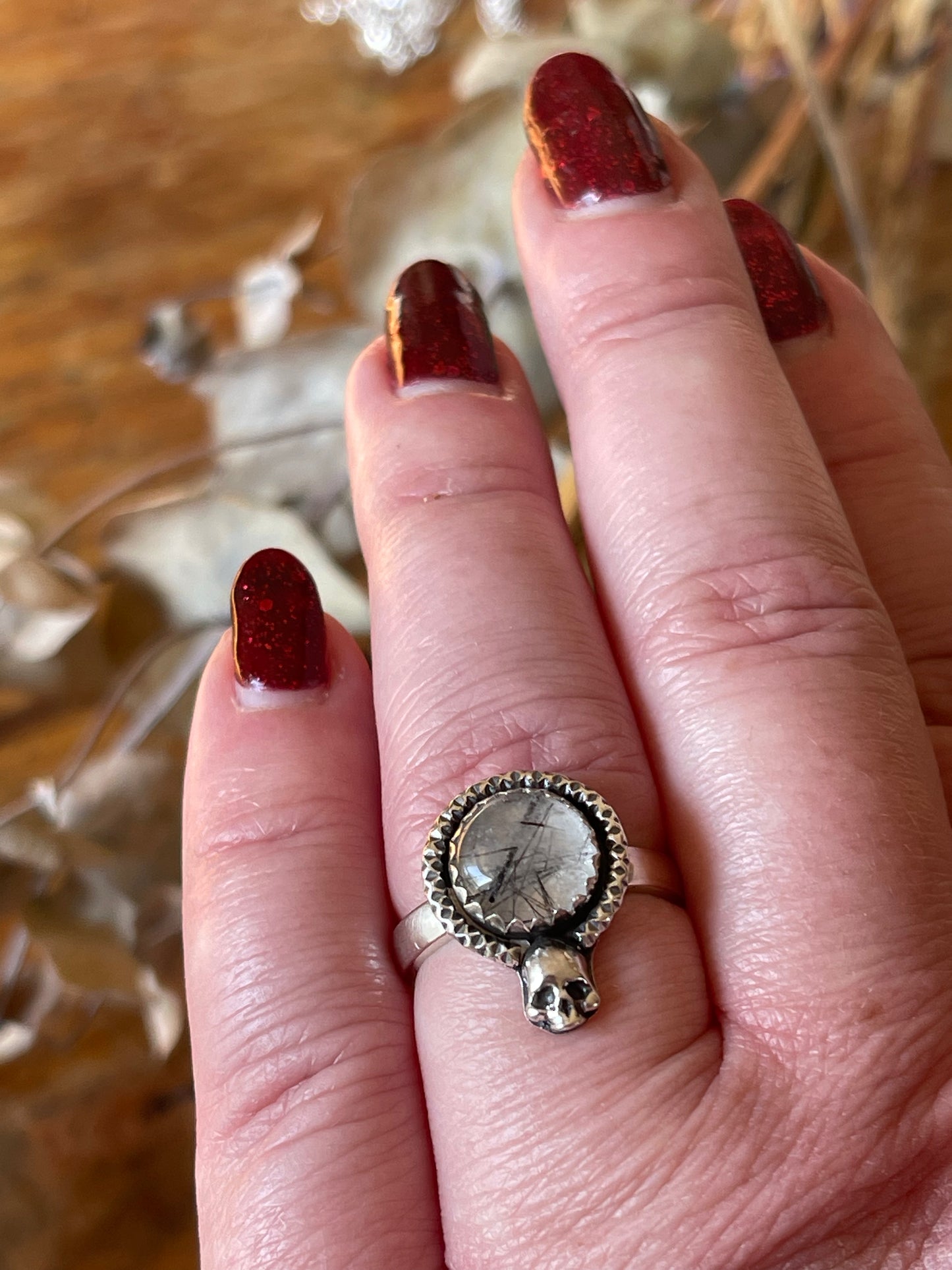 Black Rutilated Quartz Skull Ring