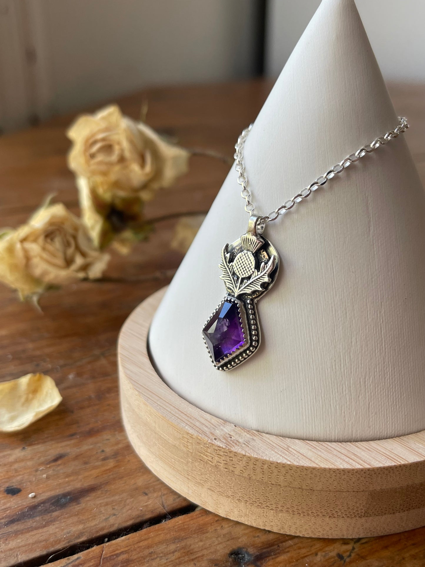 *Queen’s Resilience • Amethyst Thistle Pendant Necklace • Sterling Silver & Brass Mixed Metals
