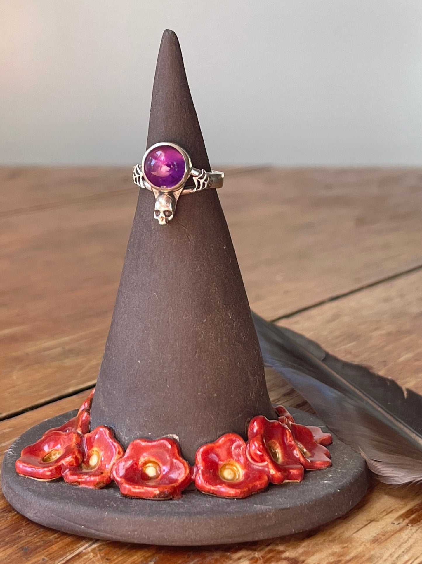 Elvira • Glowing Amethyst Spiderweb Skull Ring Size 5