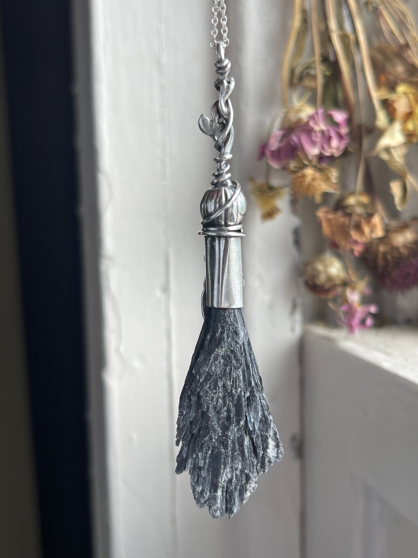 Glowing Garnet Pumpkin Autumn Witch Crystal Broom Pendant
