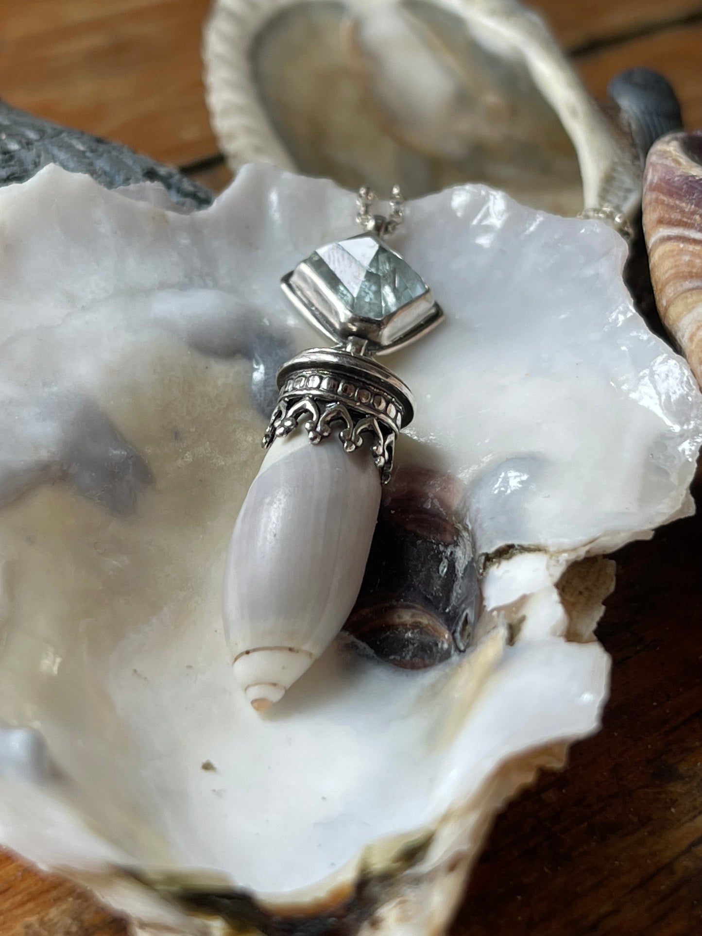 Empress of Tides • Aquamarine & Olive Shell Necklace