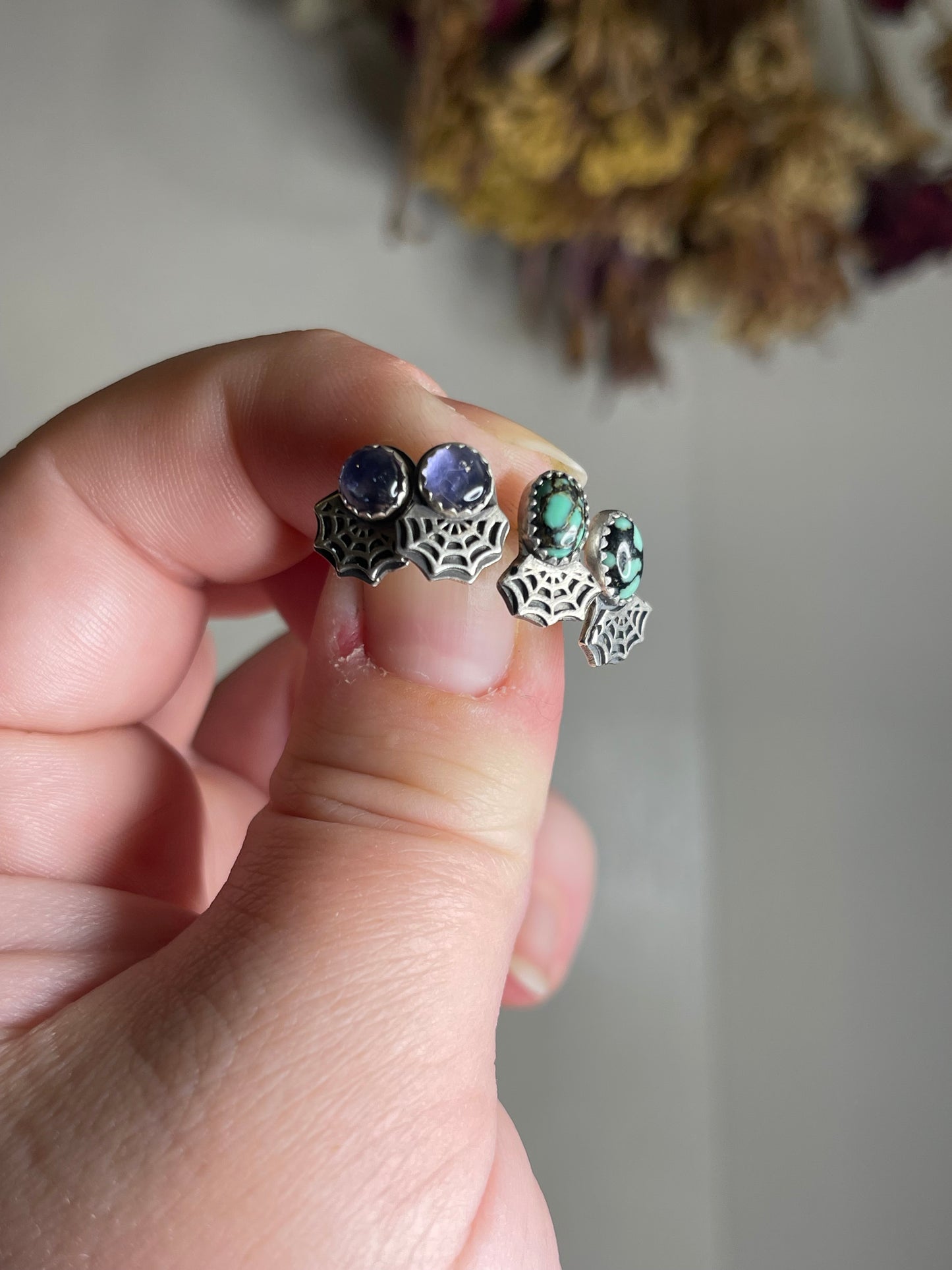 *Iolite Spider Web Sterling Silver Stud Earrings