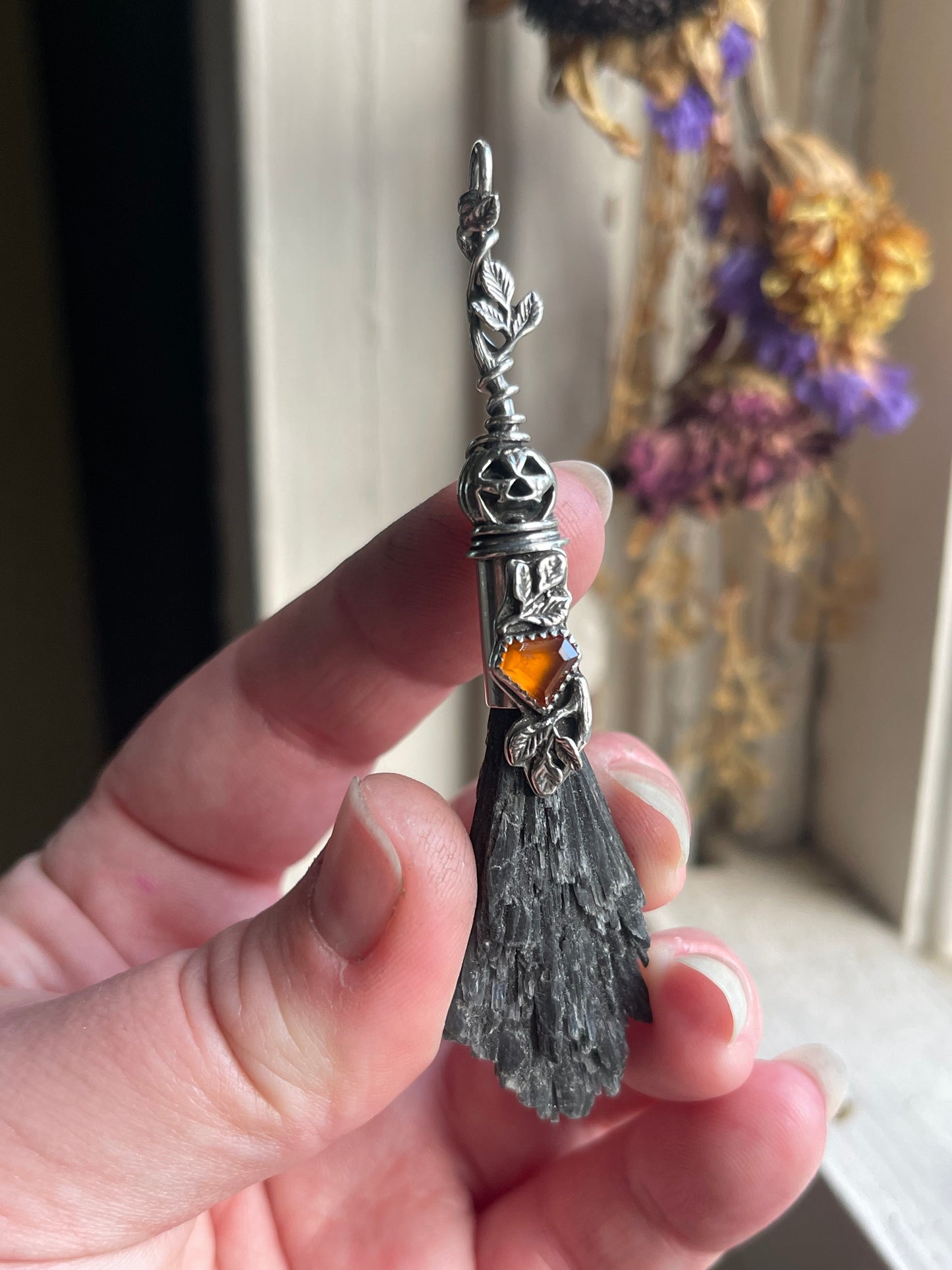 Glowing Garnet Pumpkin Autumn Witch Crystal Broom Pendant