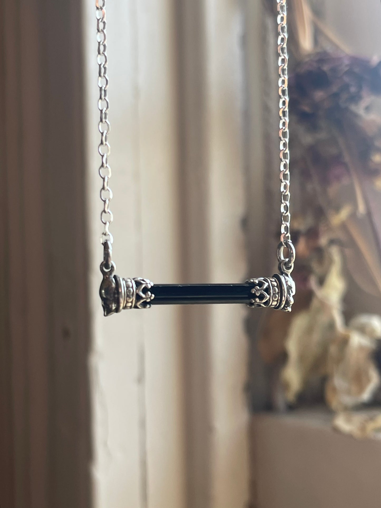 Black Tourmaline Crystal Gothic Skull Bar Necklace