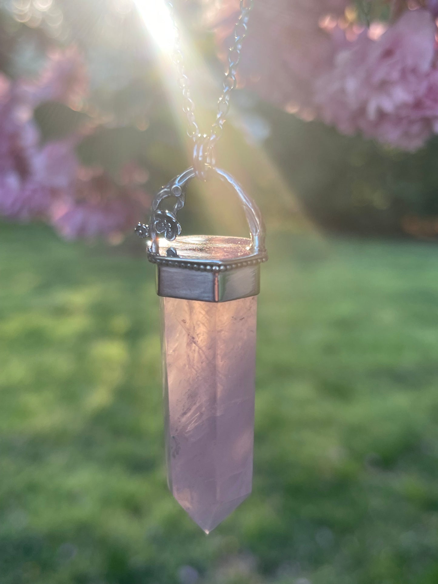 Cherries & Roses • Rose Quartz Crystal Floral pendant necklace