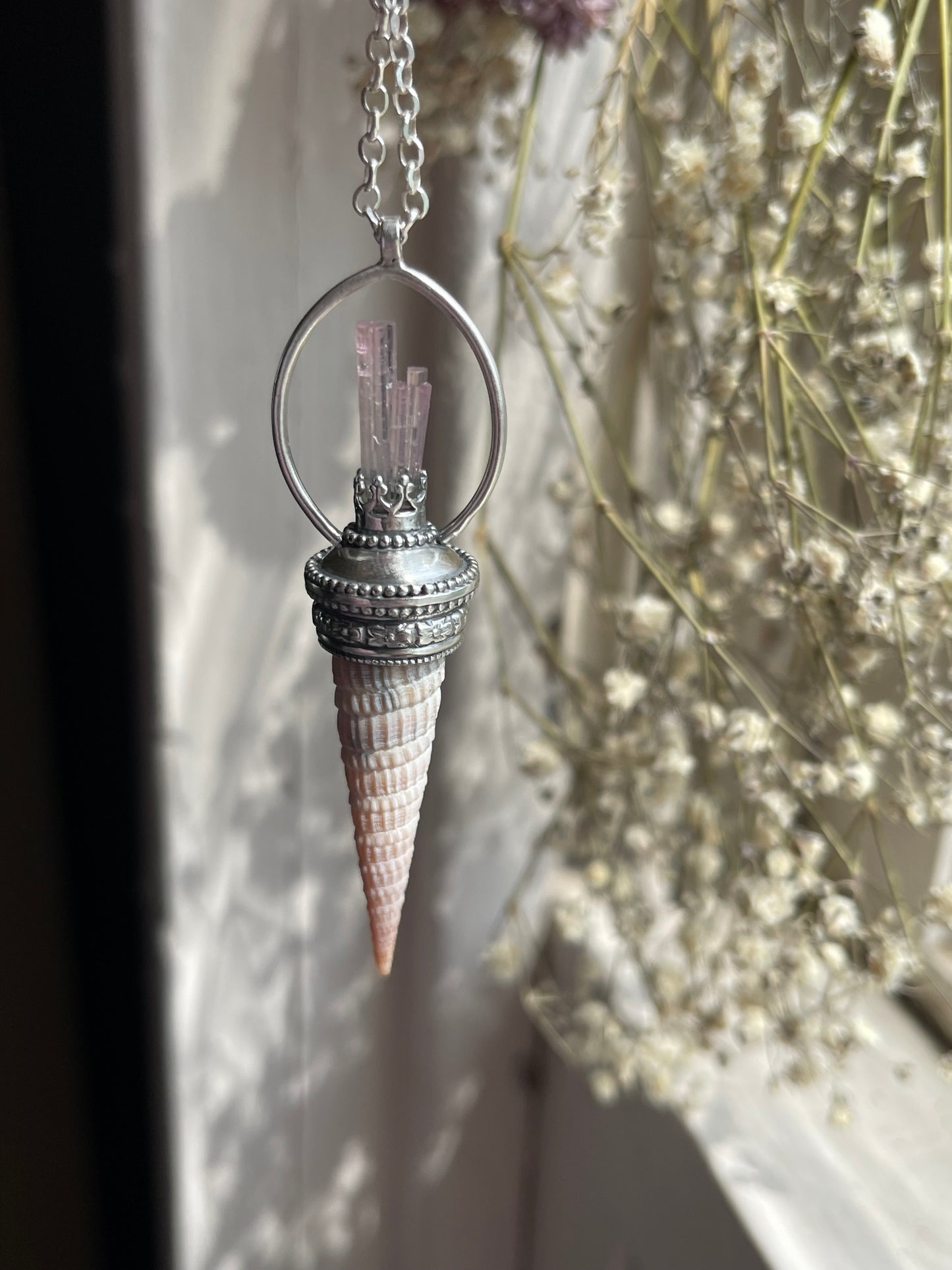 Elafonisi Tides • Pink Watermelon Tourmaline Crystal Shell Statement Pendant Necklace
